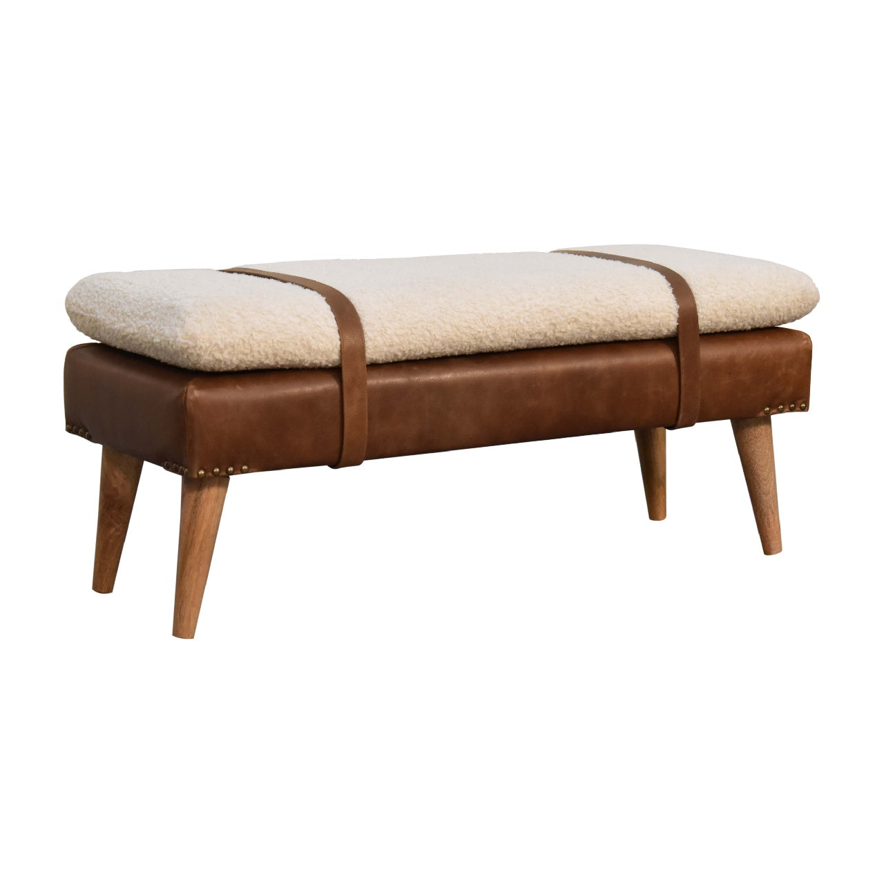 Brown leather bench with cream boucle seat and leather straps