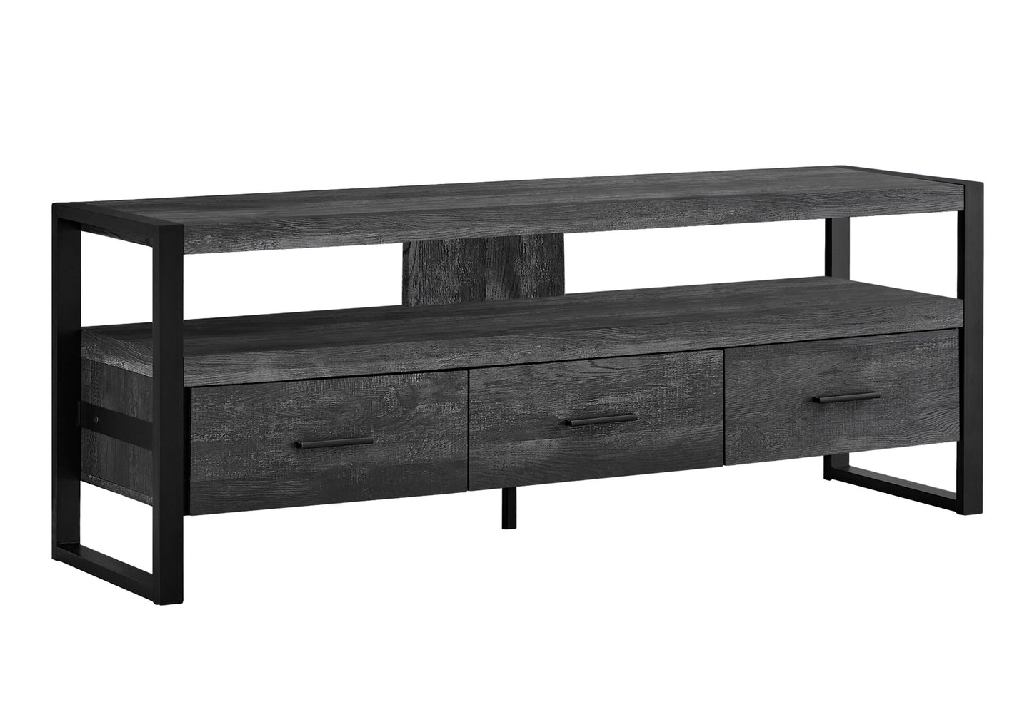 Dark gray wood TV stand with three drawers and black metal frame