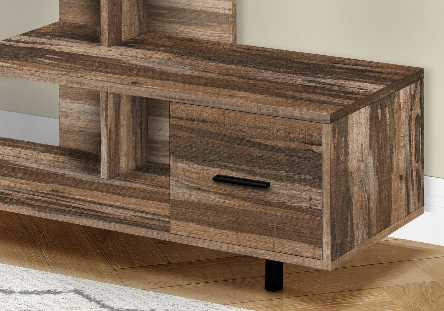 Modern rustic wood media console with open shelves and black handle drawer