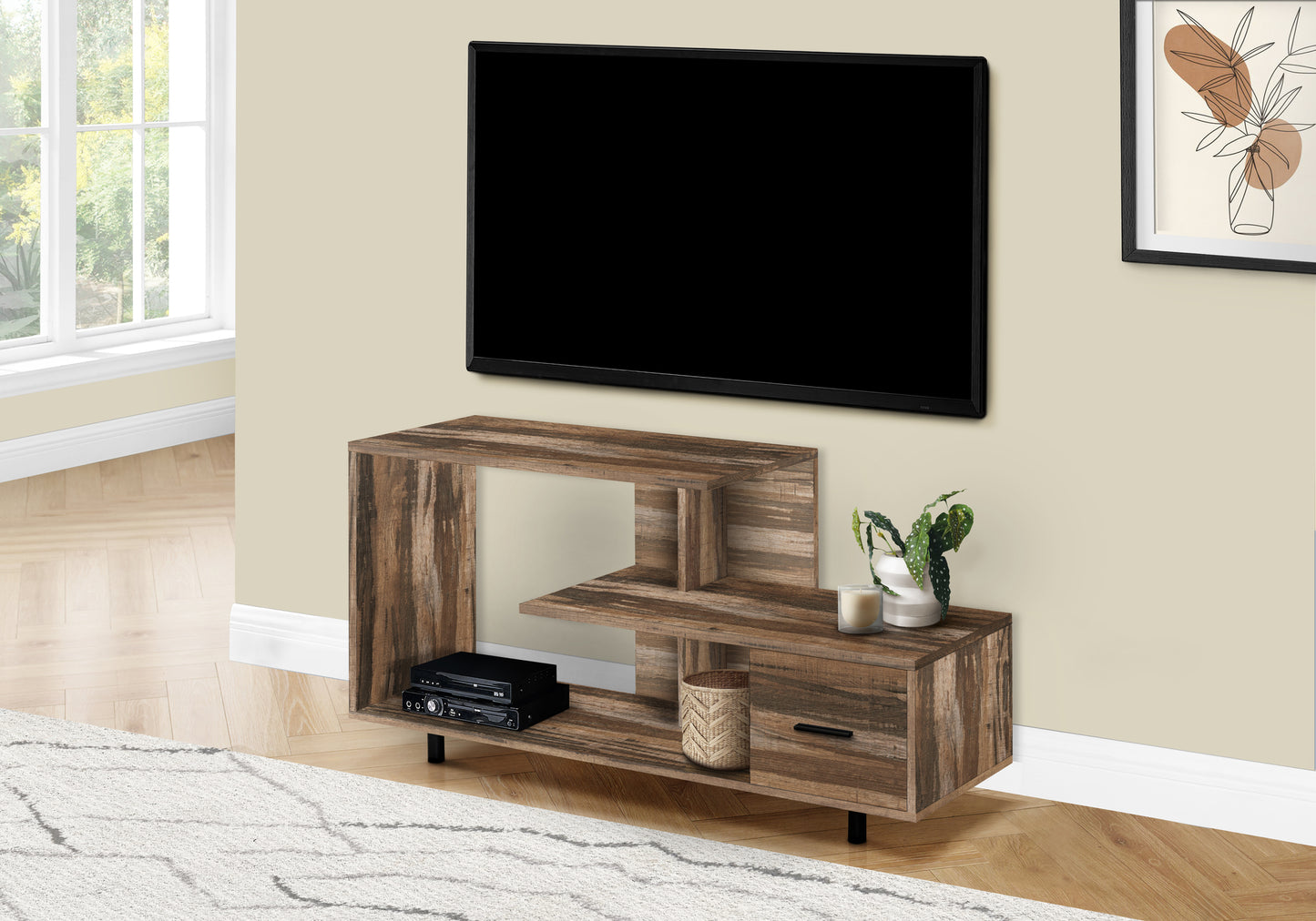 Rustic brown wood TV stand with open shelves and a drawer for media storage