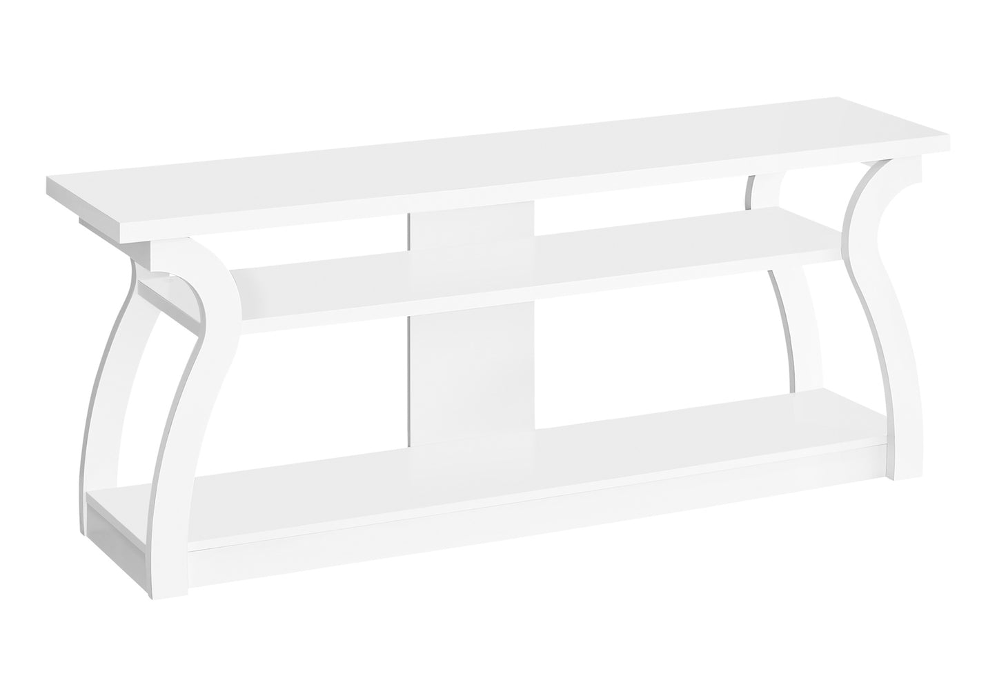 Sleek white console table with two open shelves and curved legs perfect for living rooms