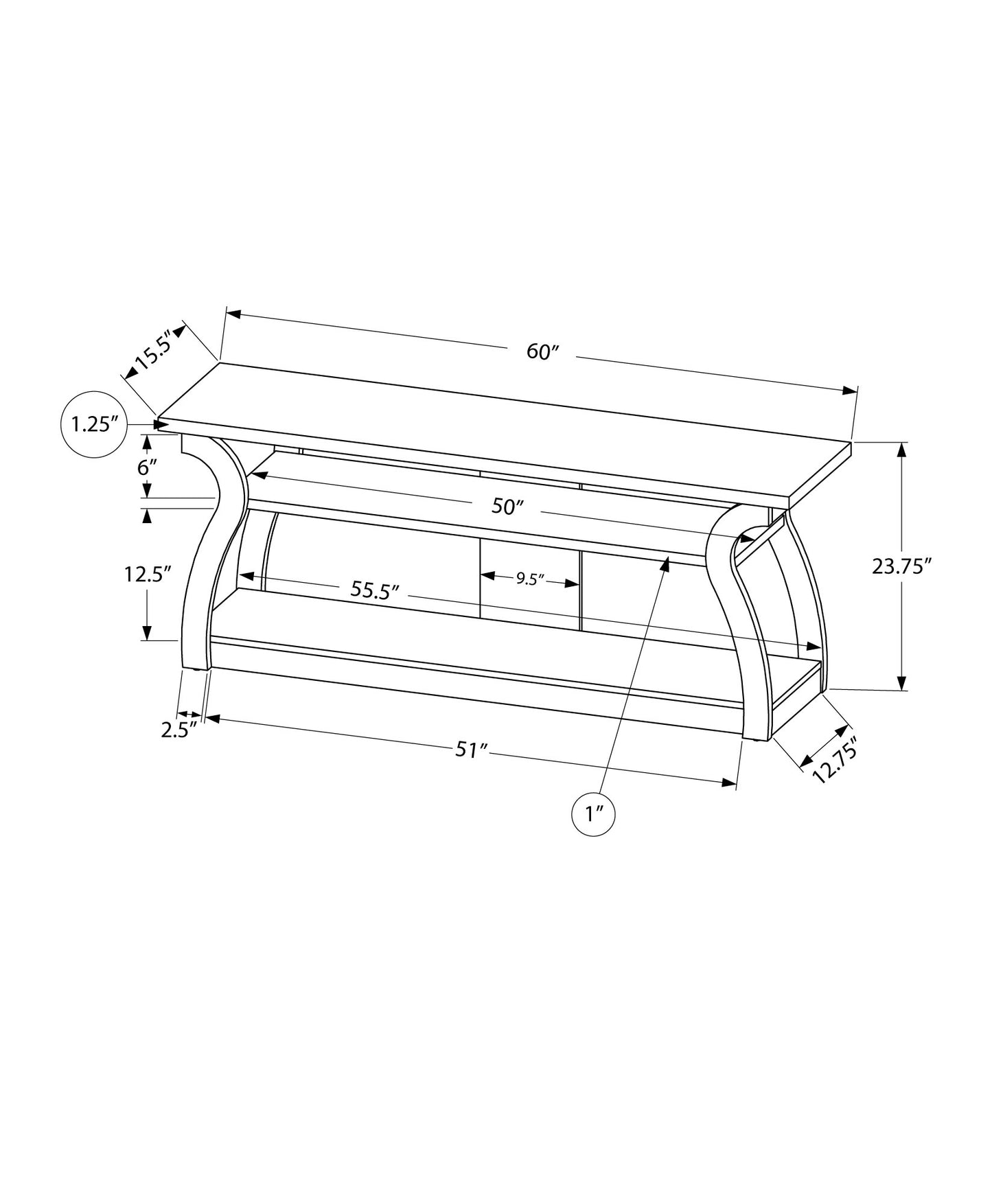 Technical drawing of a white wooden TV stand W x H with curved legs and open shelves for media console