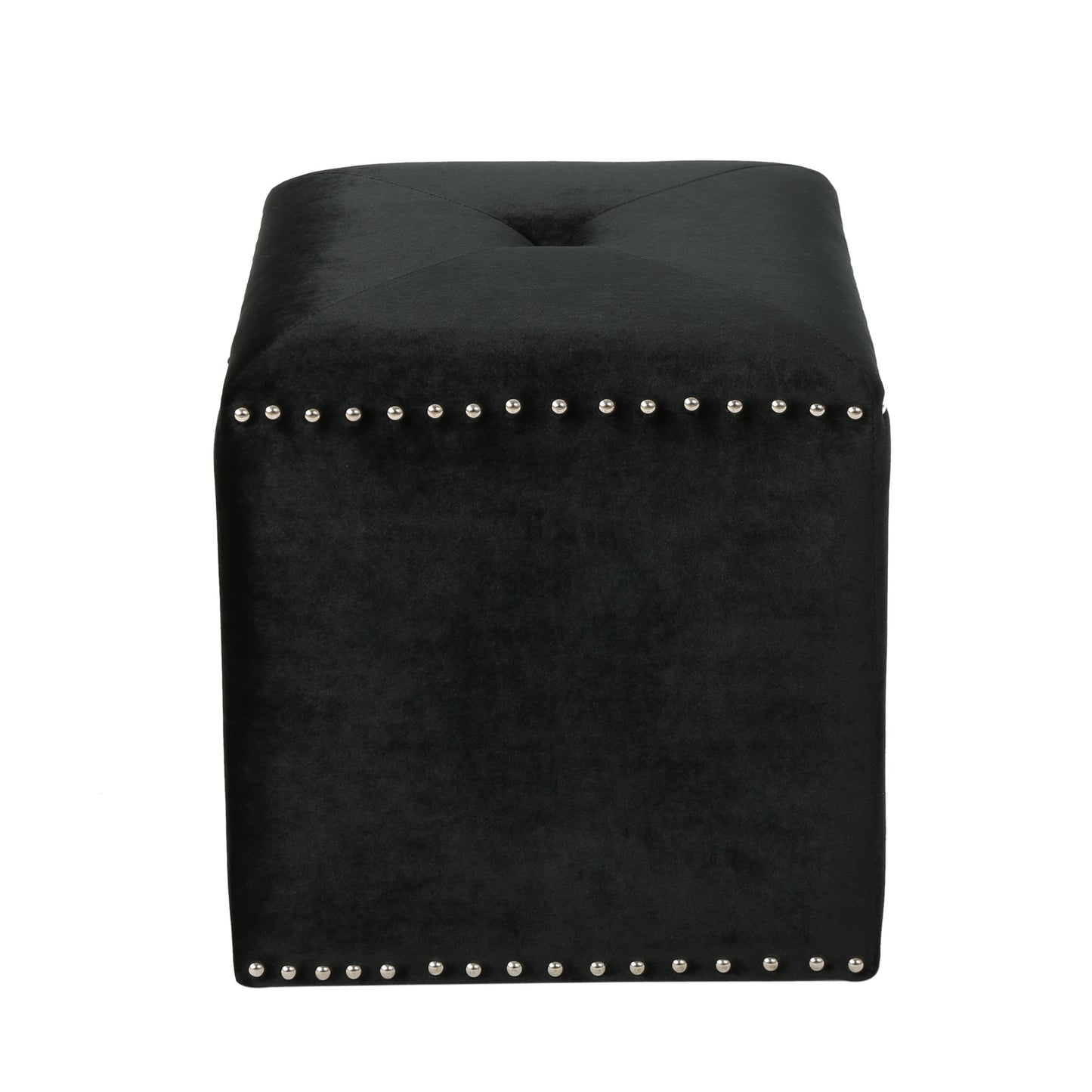 Black velvet tufted ottoman with silver nailhead trim