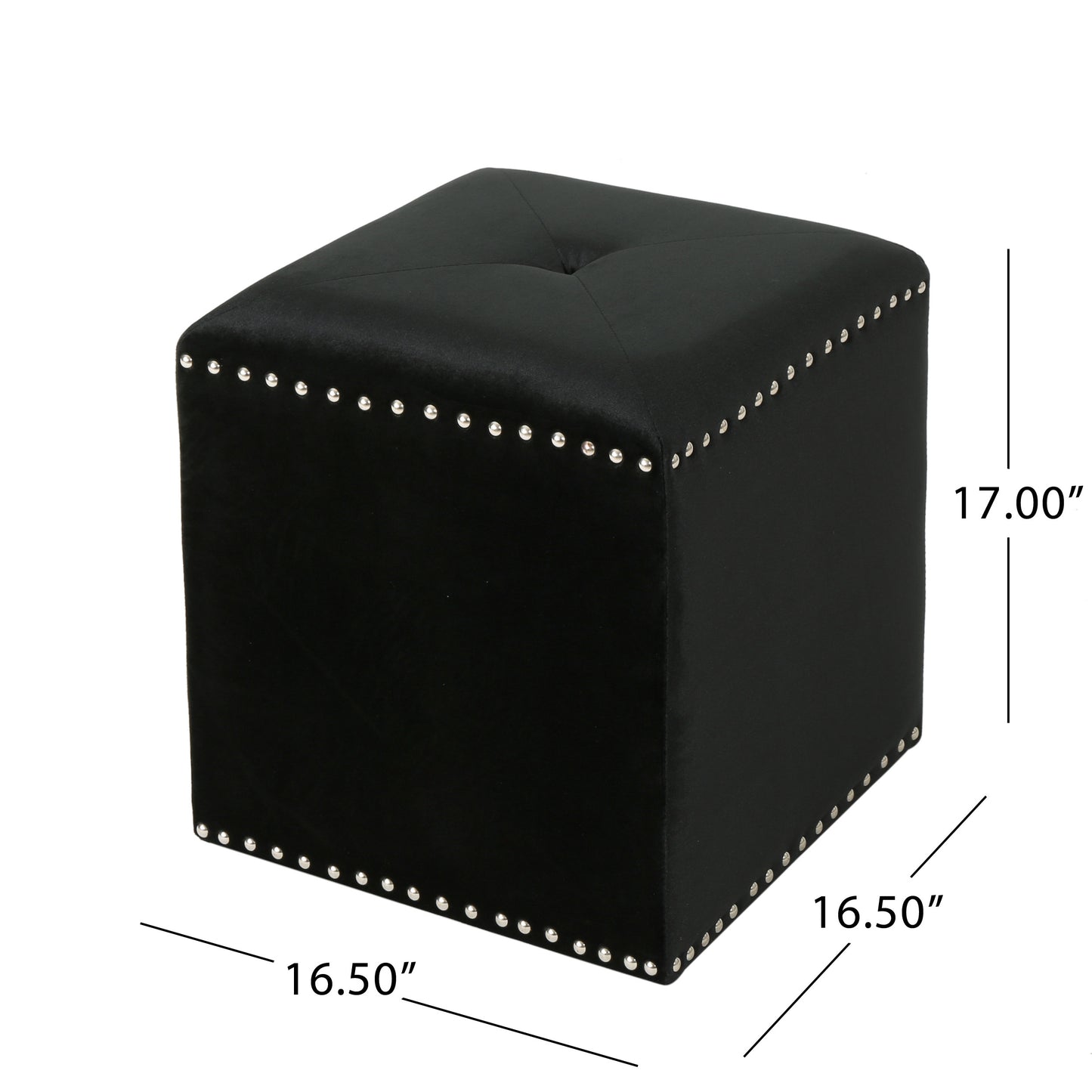 Black velvet ottoman with silver nailhead trim and tufted top