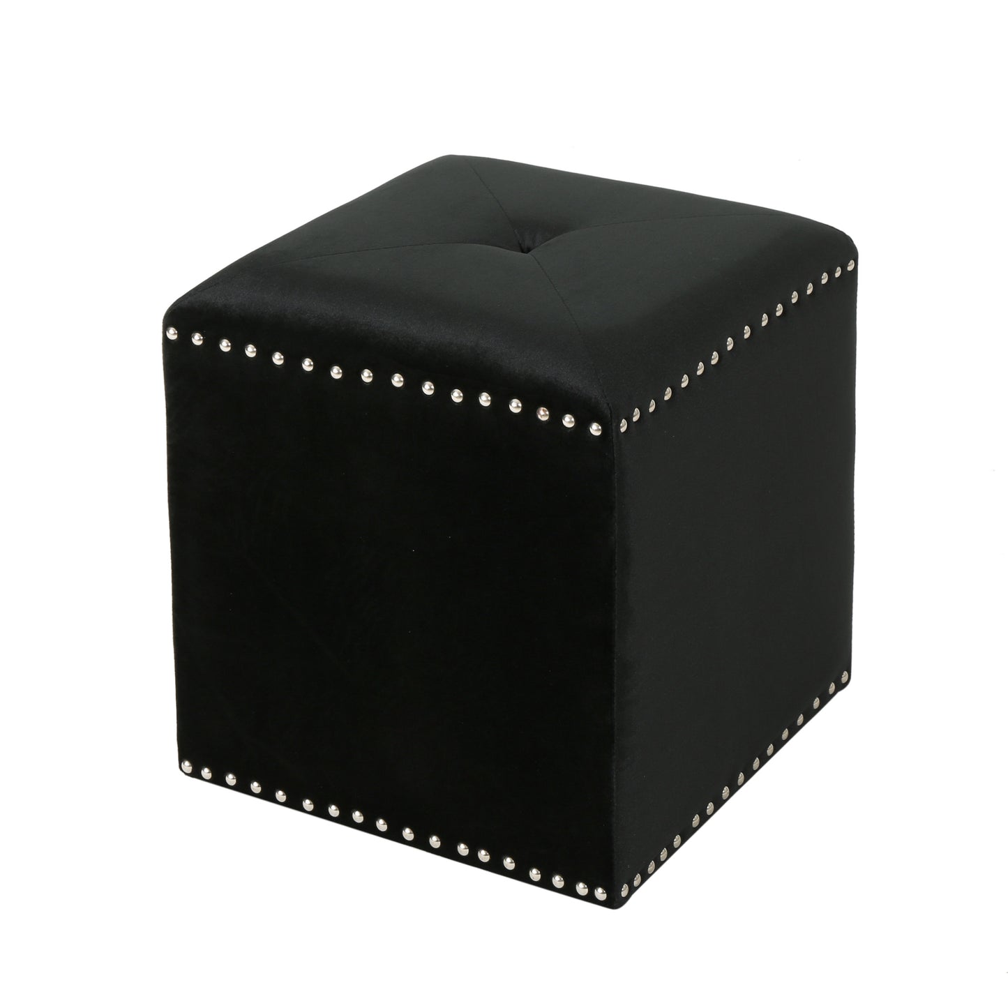 Black velvet ottoman with silver nailhead trim