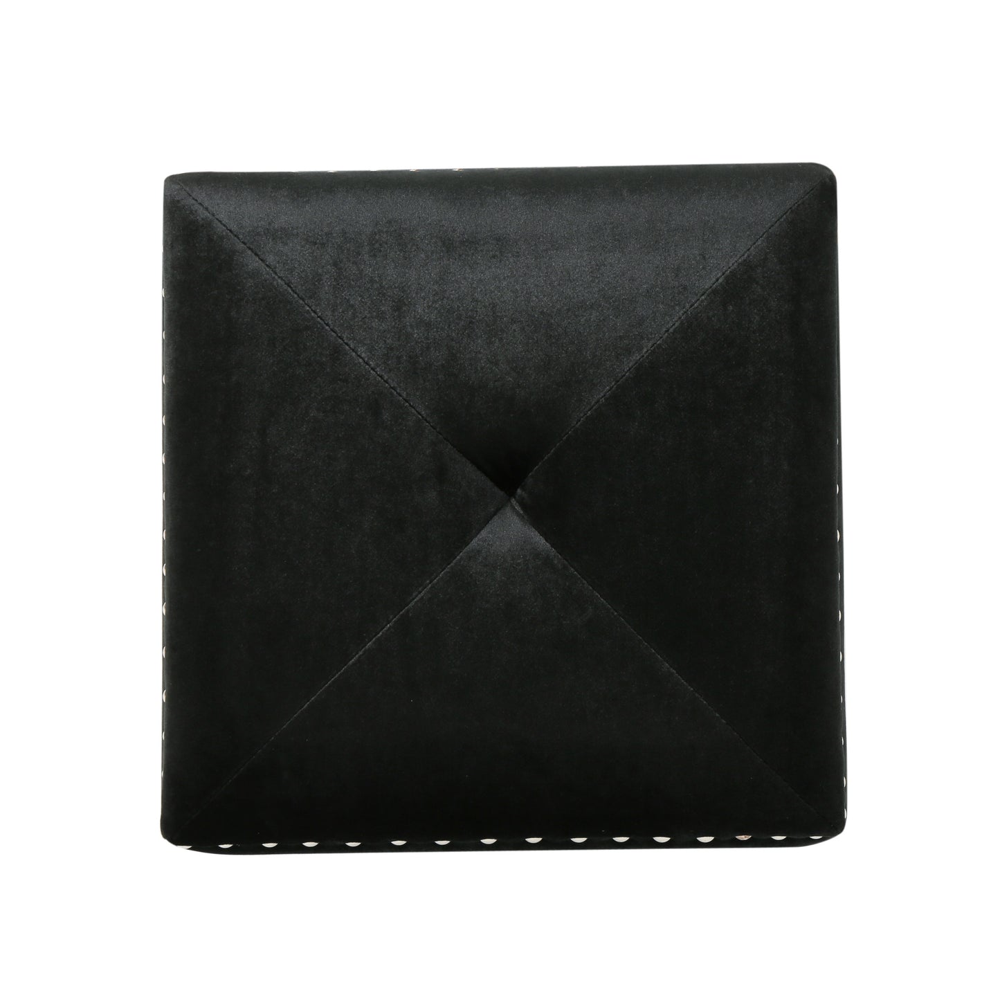 Black velvet ottoman with diamond tufting and silver nailhead trim