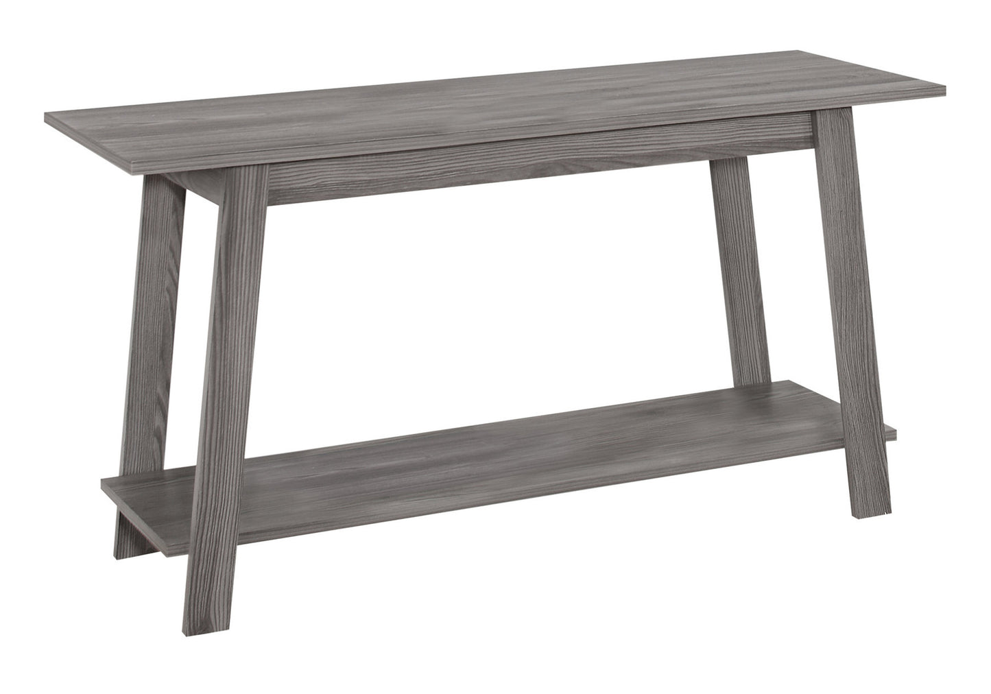 Gray wood console table with a lower shelf modern design