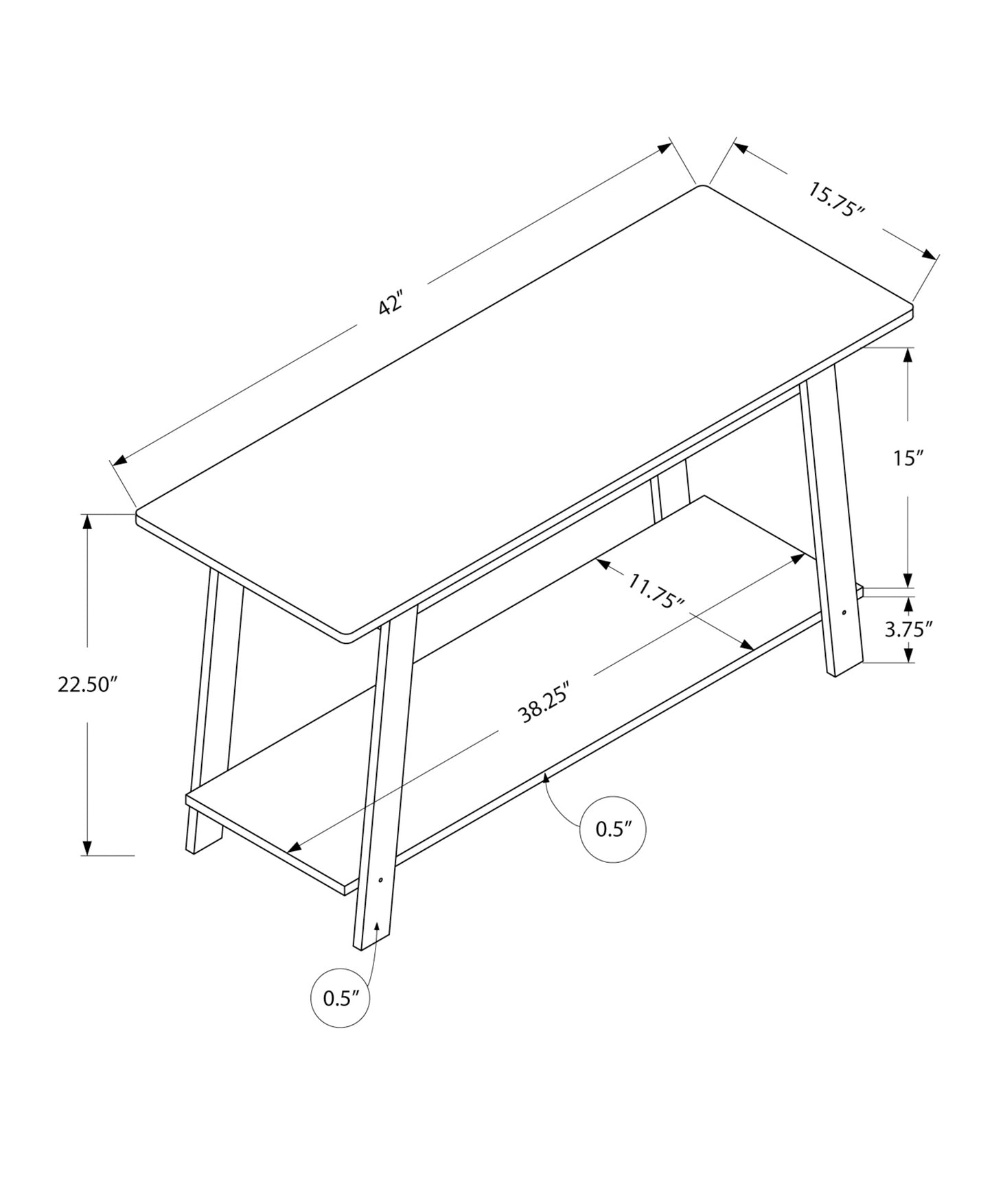 Technical drawing of a modern coffee table with two tiers inch length