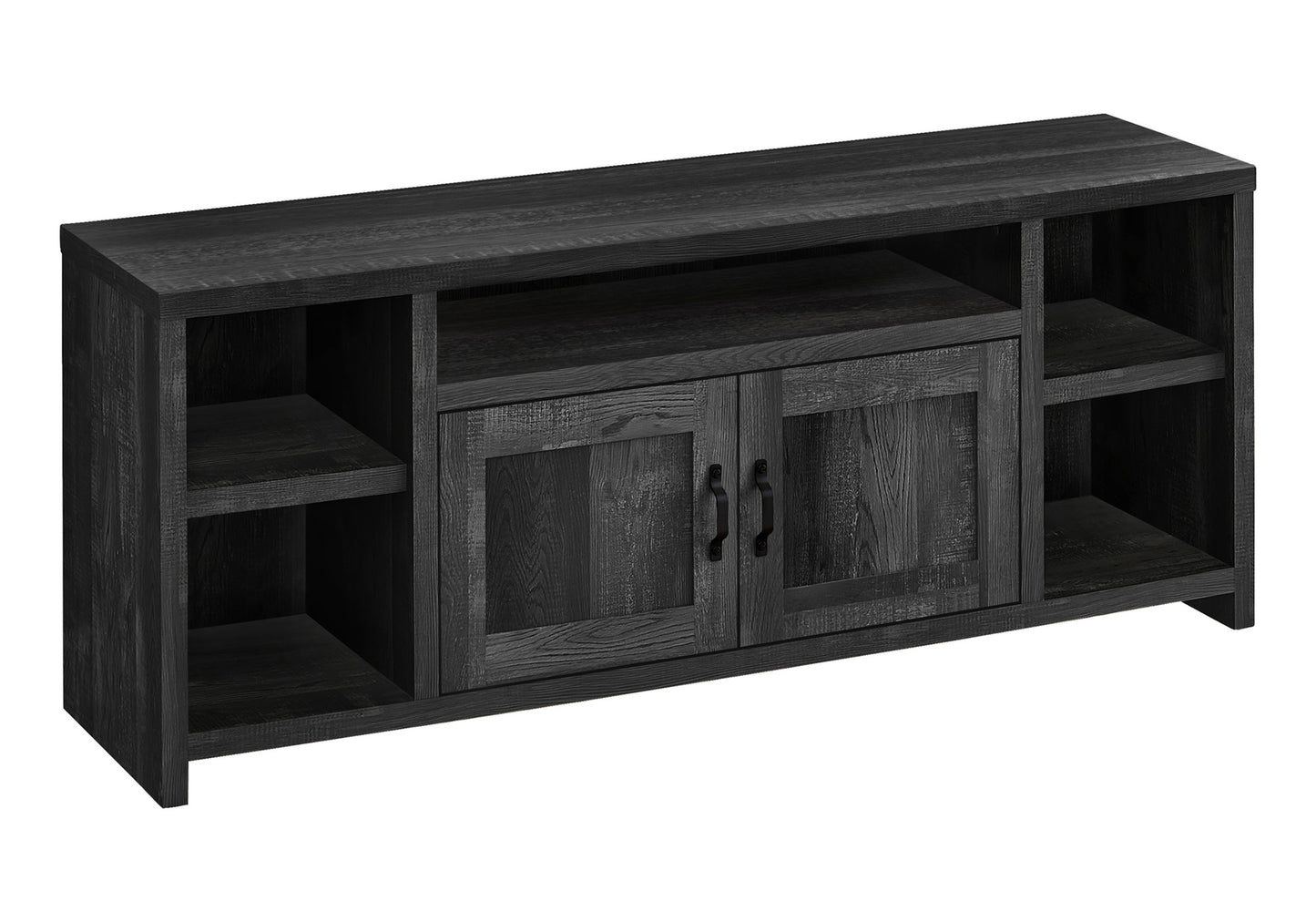 Distressed black wood TV stand with two barnstyle doors and open shelving for media consoles
