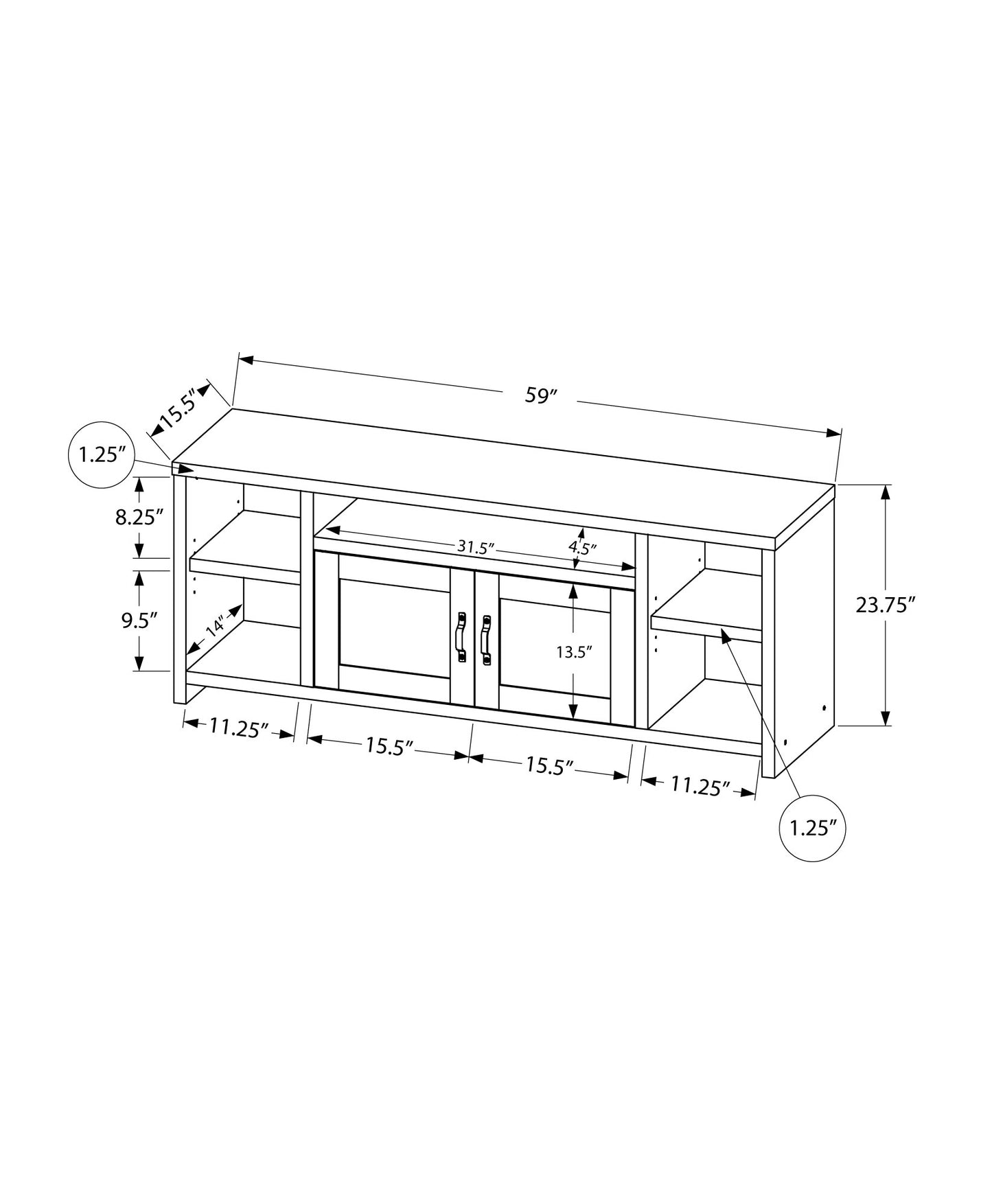 Technical drawing of a inch TV stand with dimensions labeled for height width and depth