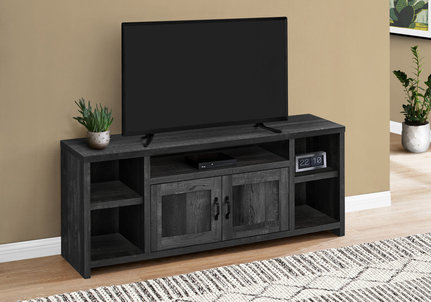 Dark grey rustic wood tv stand with open shelving and two cabinet doors