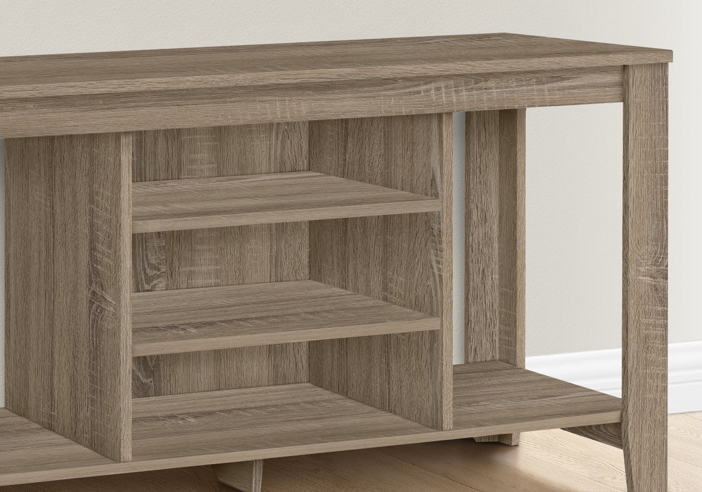 Rustic wood grain media console with three open shelves for storage