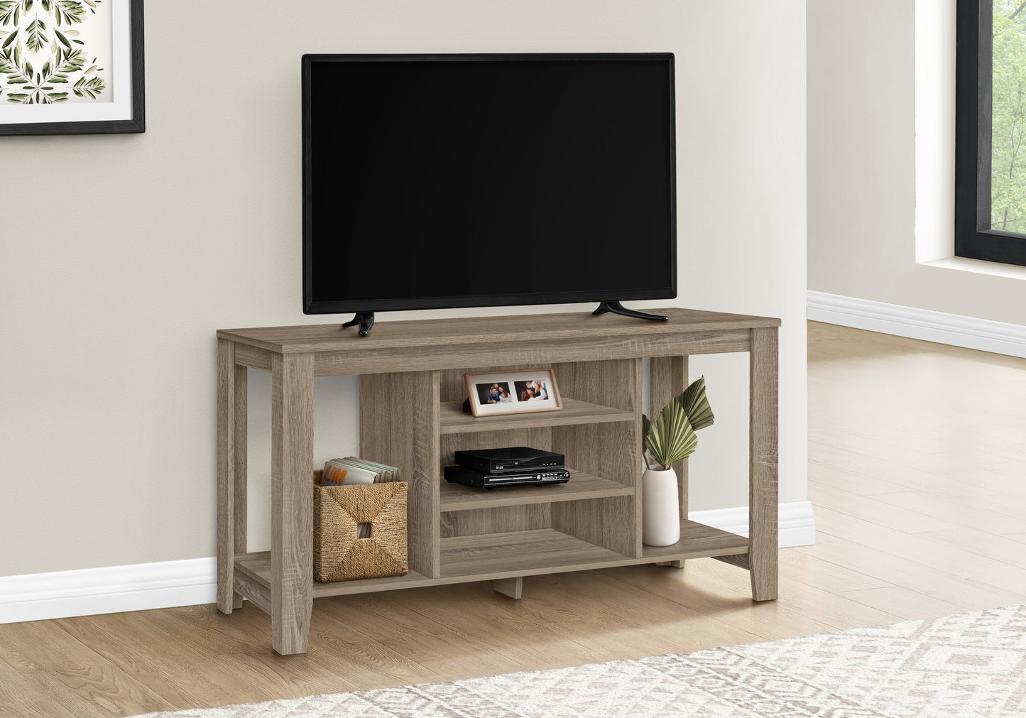 Modern grey wash TV stand with open shelving and a compact design