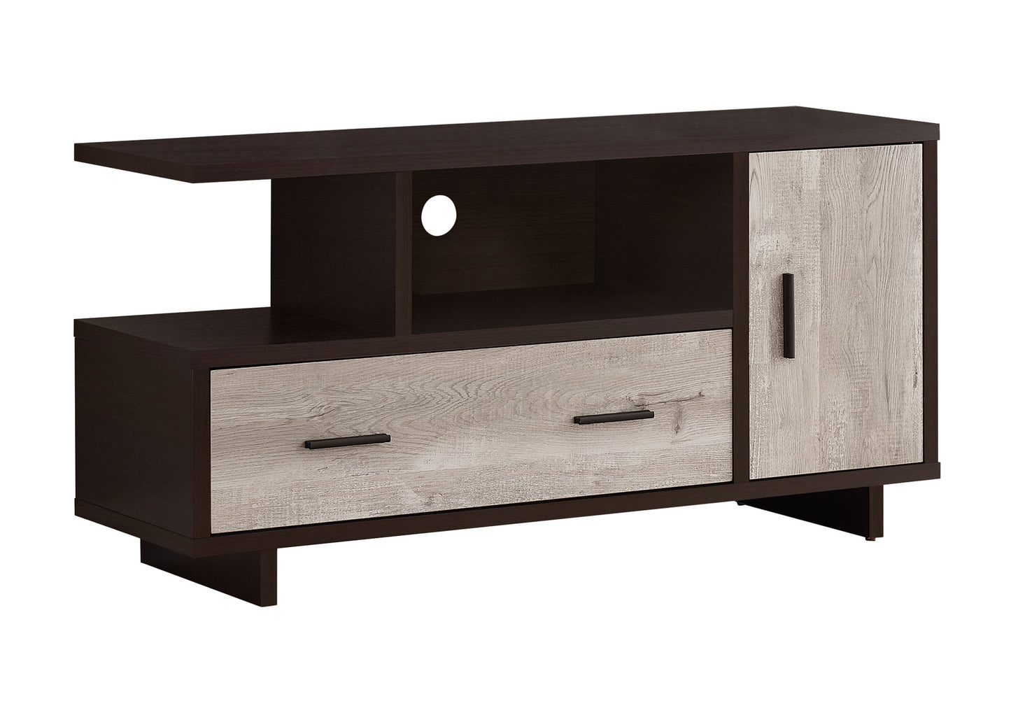Dark wood media console with two drawers and one cabinet door modern design