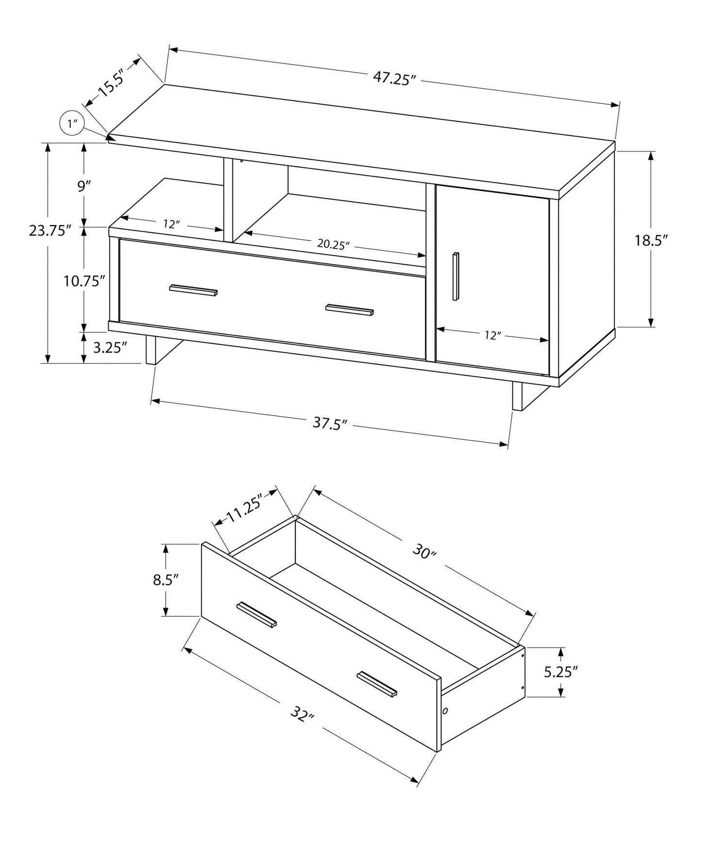 Line drawing of a modern media console with two drawers a cabinet and open shelves showing dimensions