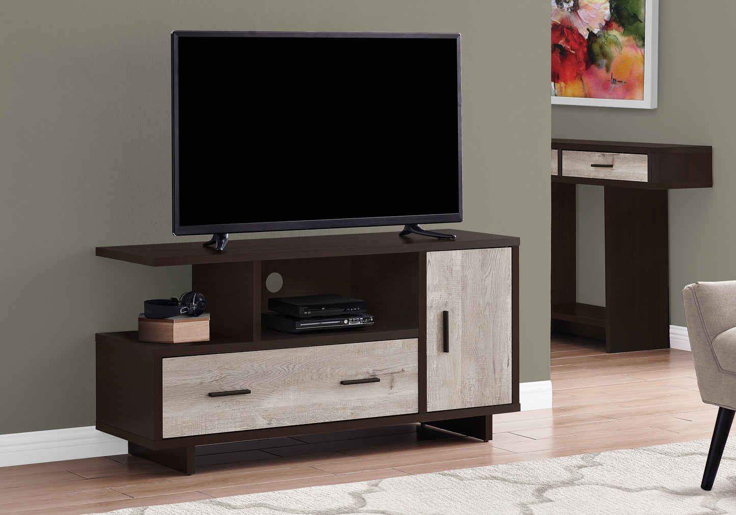 Modern dark brown TV stand with two drawers and a cabinet featuring a distressed wood grain finish