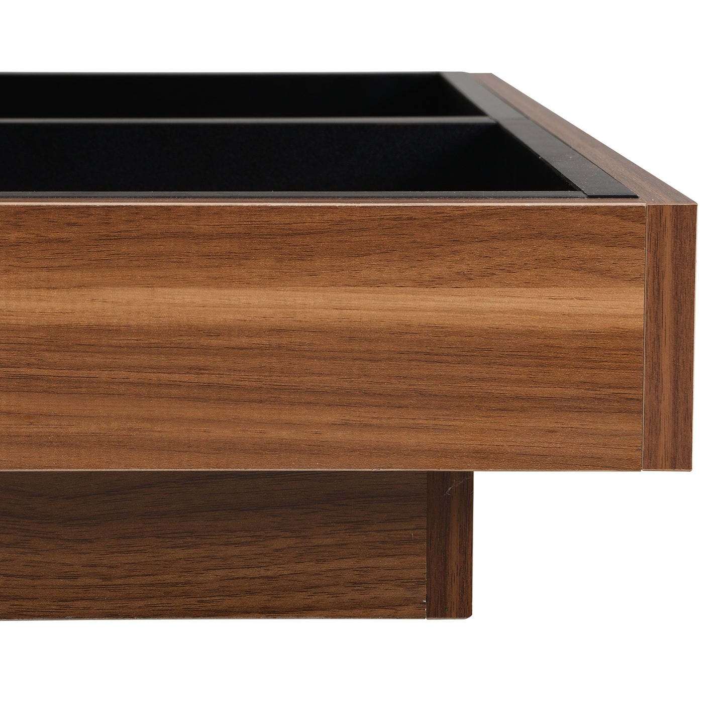 Modern brown wood grain desk organizer with black compartments for office supplies