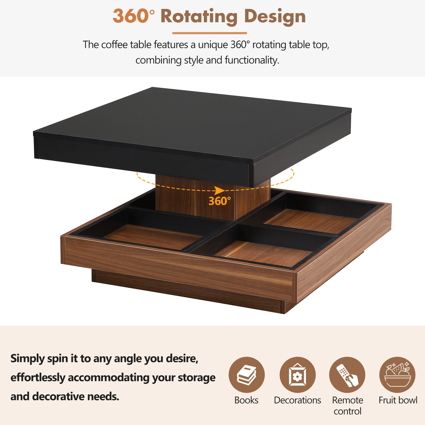 Black coffee table with a walnut wood base and degree rotating top
