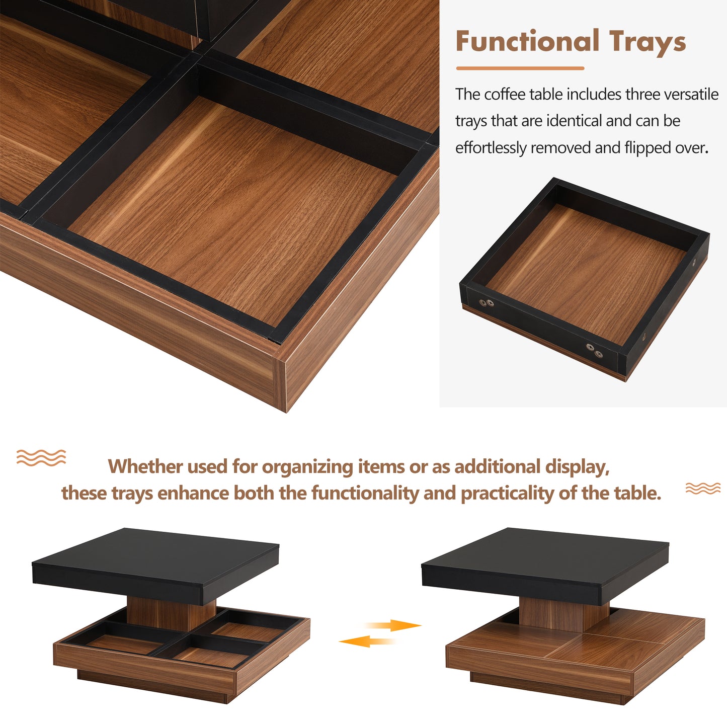 Wooden coffee table with removable flippable trays and black trim
