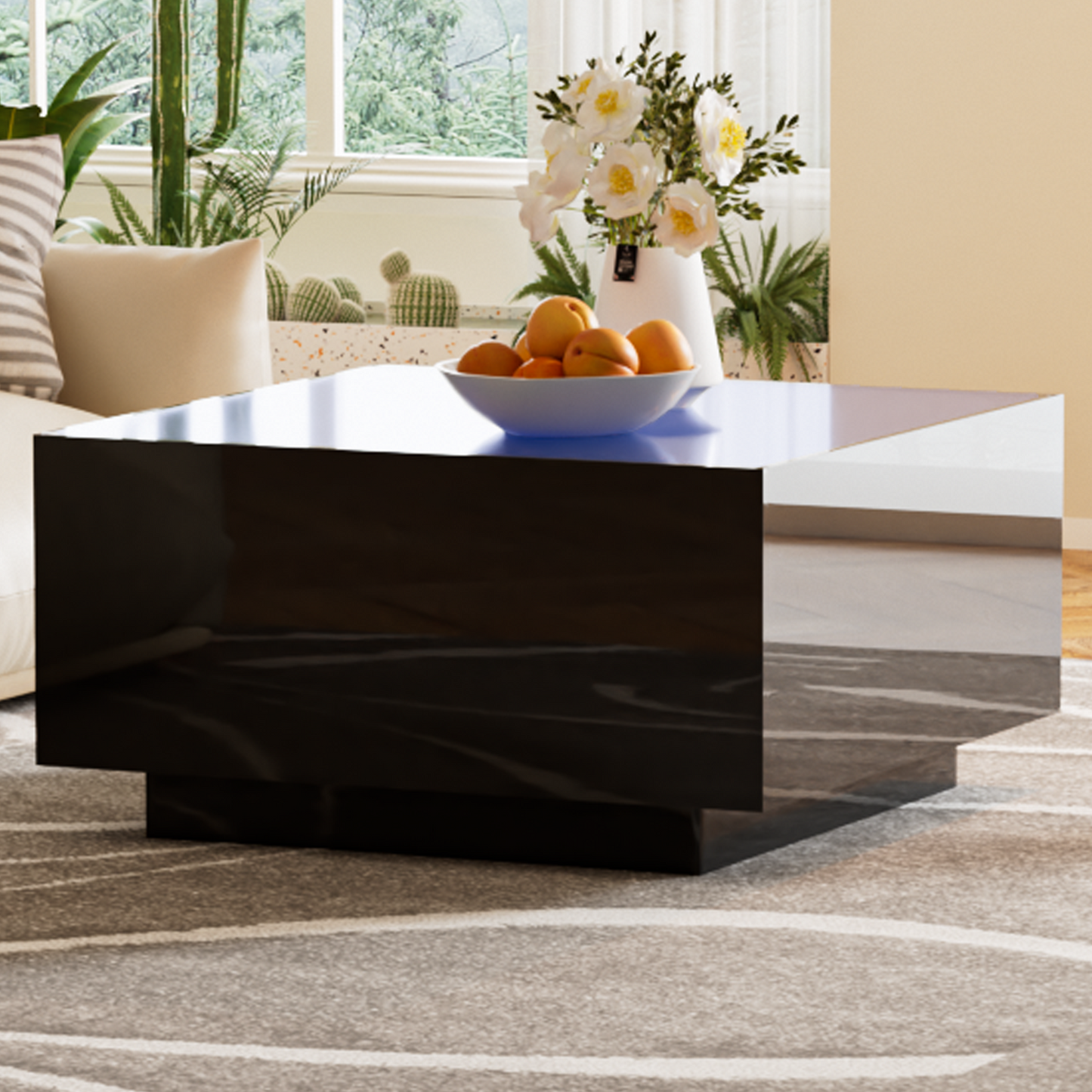 Sleek black highgloss coffee table with marblelike inlay perfect for modern living rooms