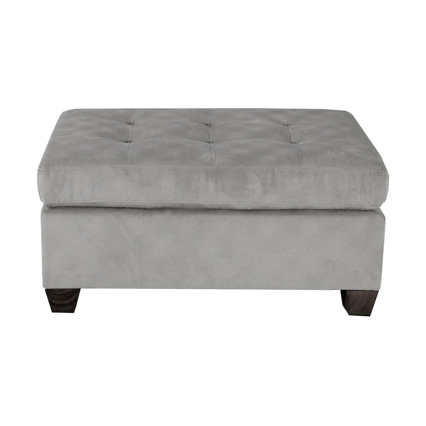 Tufted grey velvet ottoman with dark wood legs perfect for footrest or extra seating