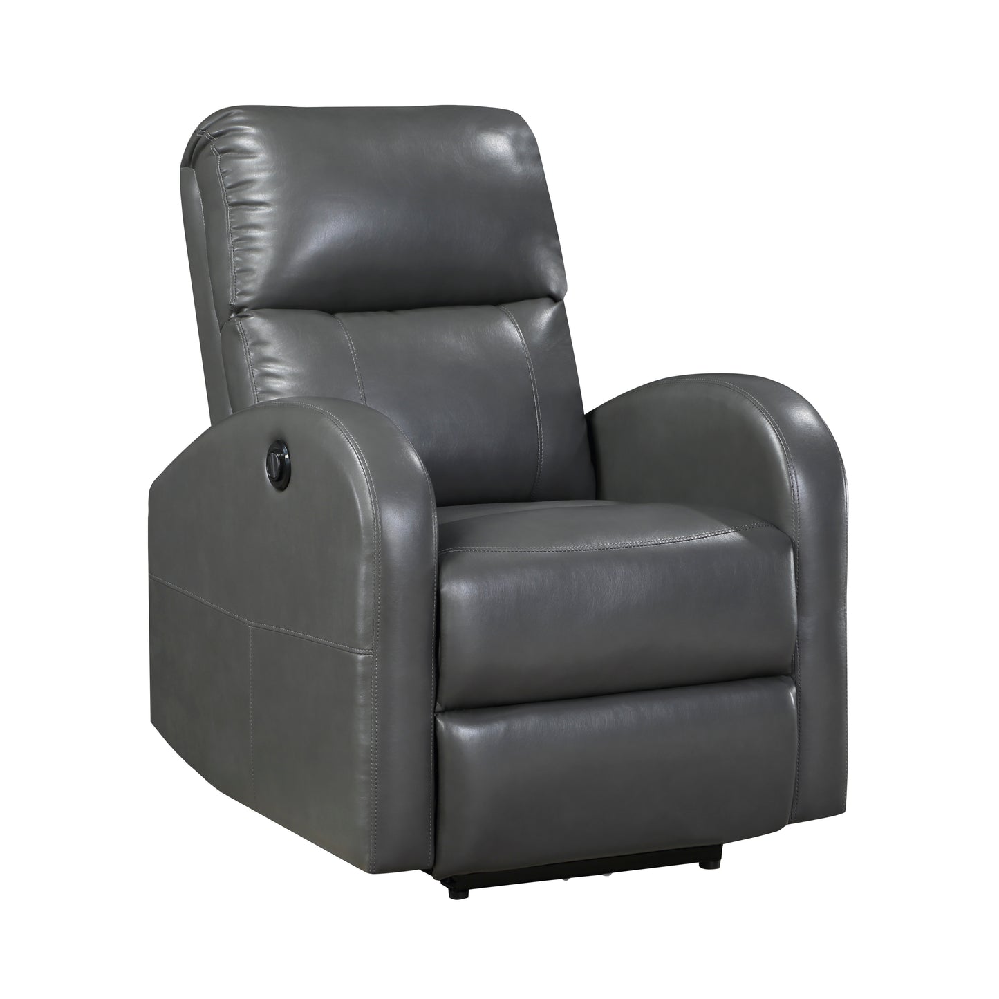 Gray leather power recliner with lumbar support and adjustable headrest