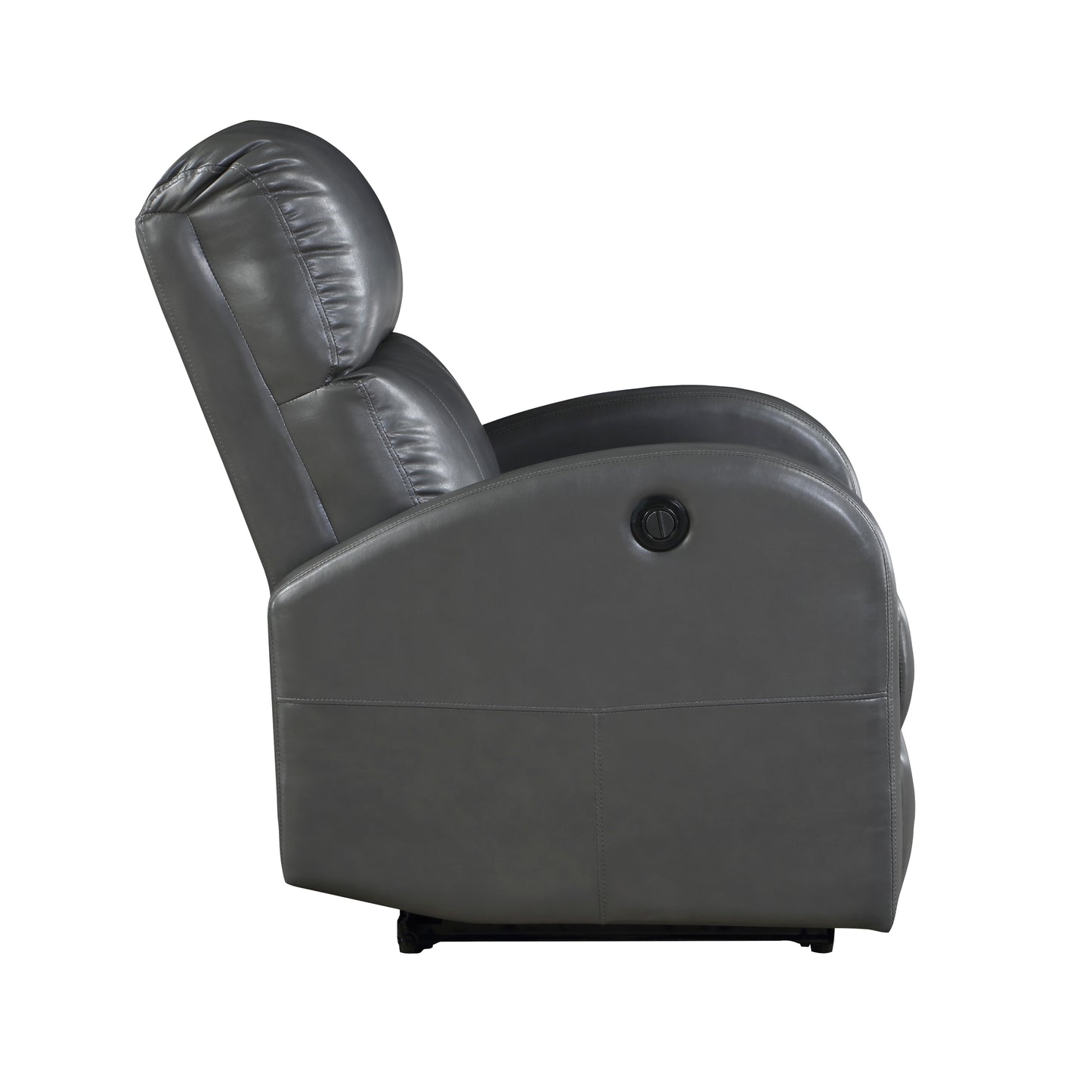 Side view of a gray leather recliner chair with adjustable headrest and power controls