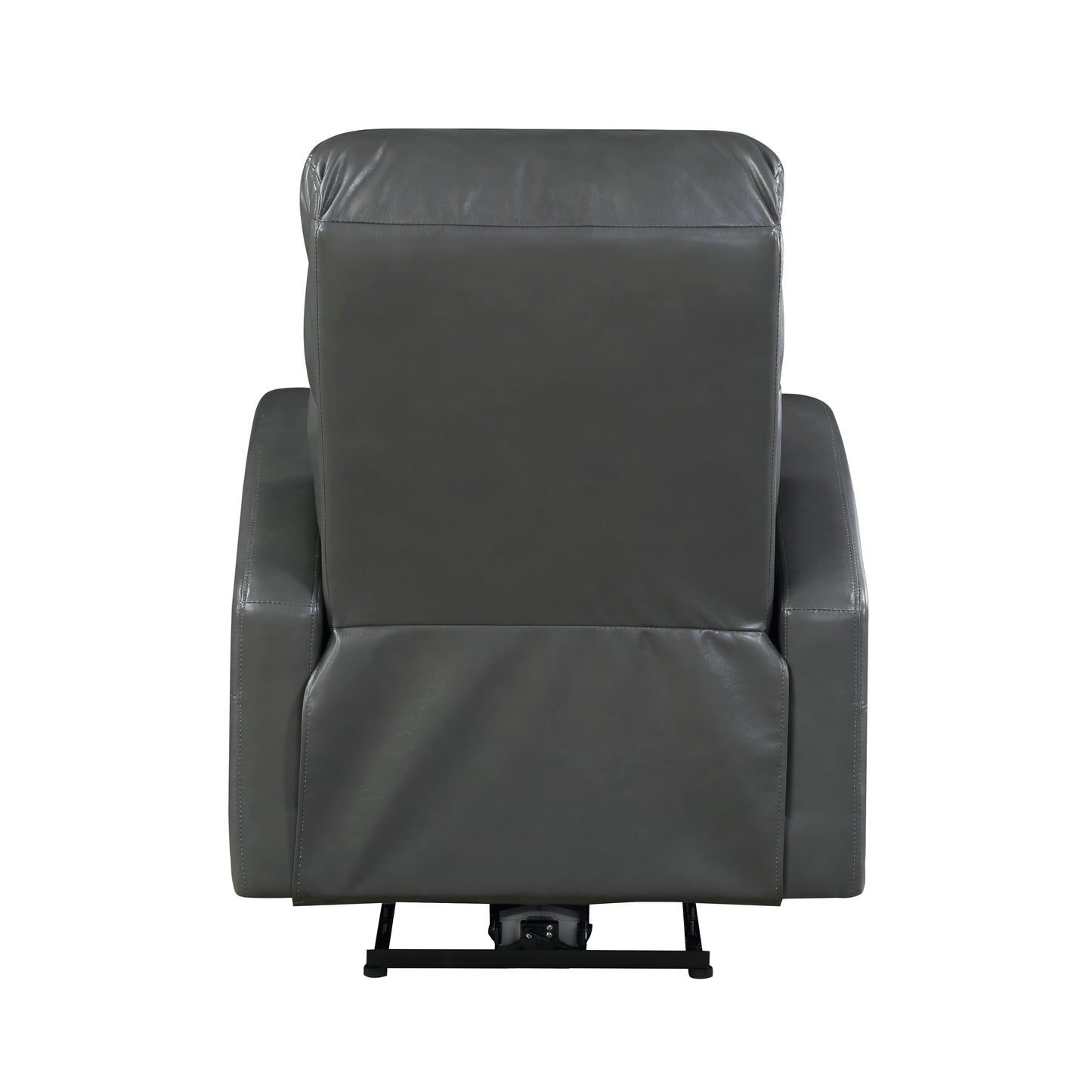 Back view of a grey leather power lift recliner with a sturdy base mechanism