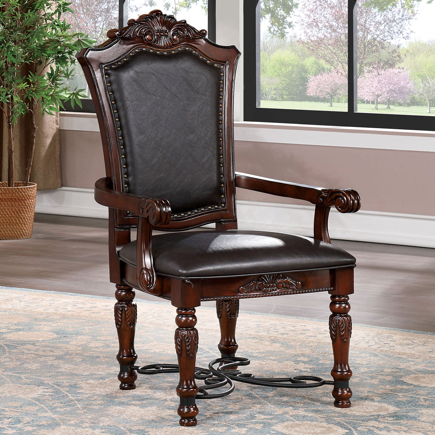TREATLIFE HOME Traditional 2-Piece Arm Chairs with Black Leatherette Seats and Faux Wood Carved Details, Brown Cherry Finish
