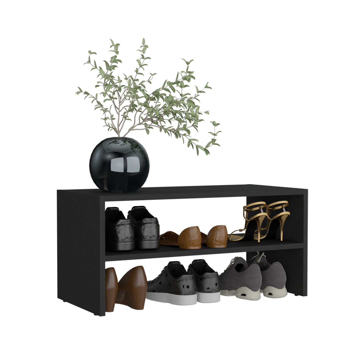 Black leather loafers on a modern shoe rack