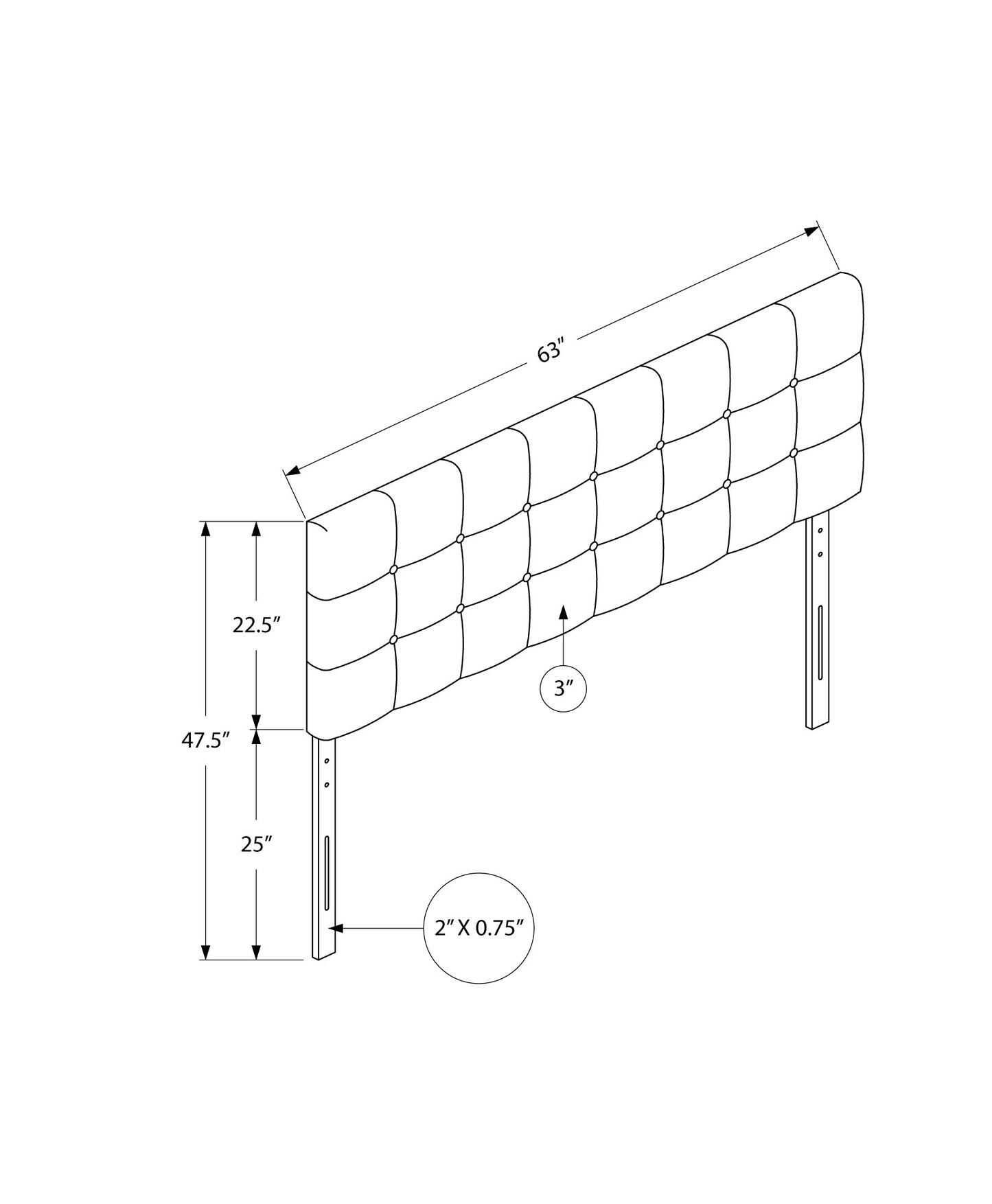 Tufted headboard diagram showing inch width and inch height
