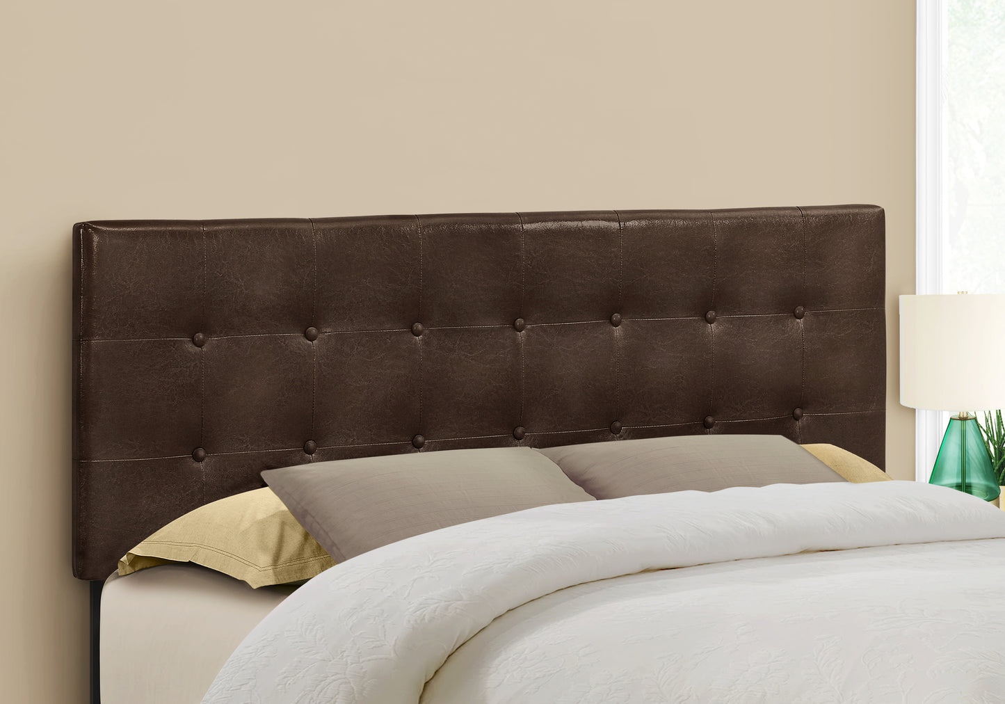 Dark brown faux leather tufted headboard with button accents Queen size