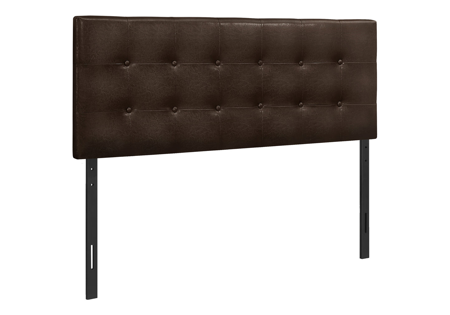 Dark brown faux leather tufted headboard with adjustable metal bed frame supports