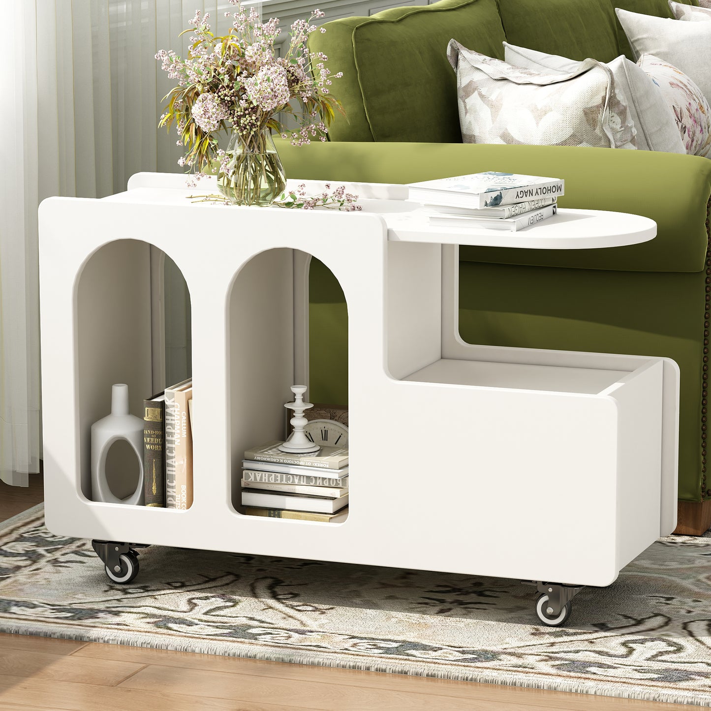 Modern white side table with arched compartments and wheels for easy mobility