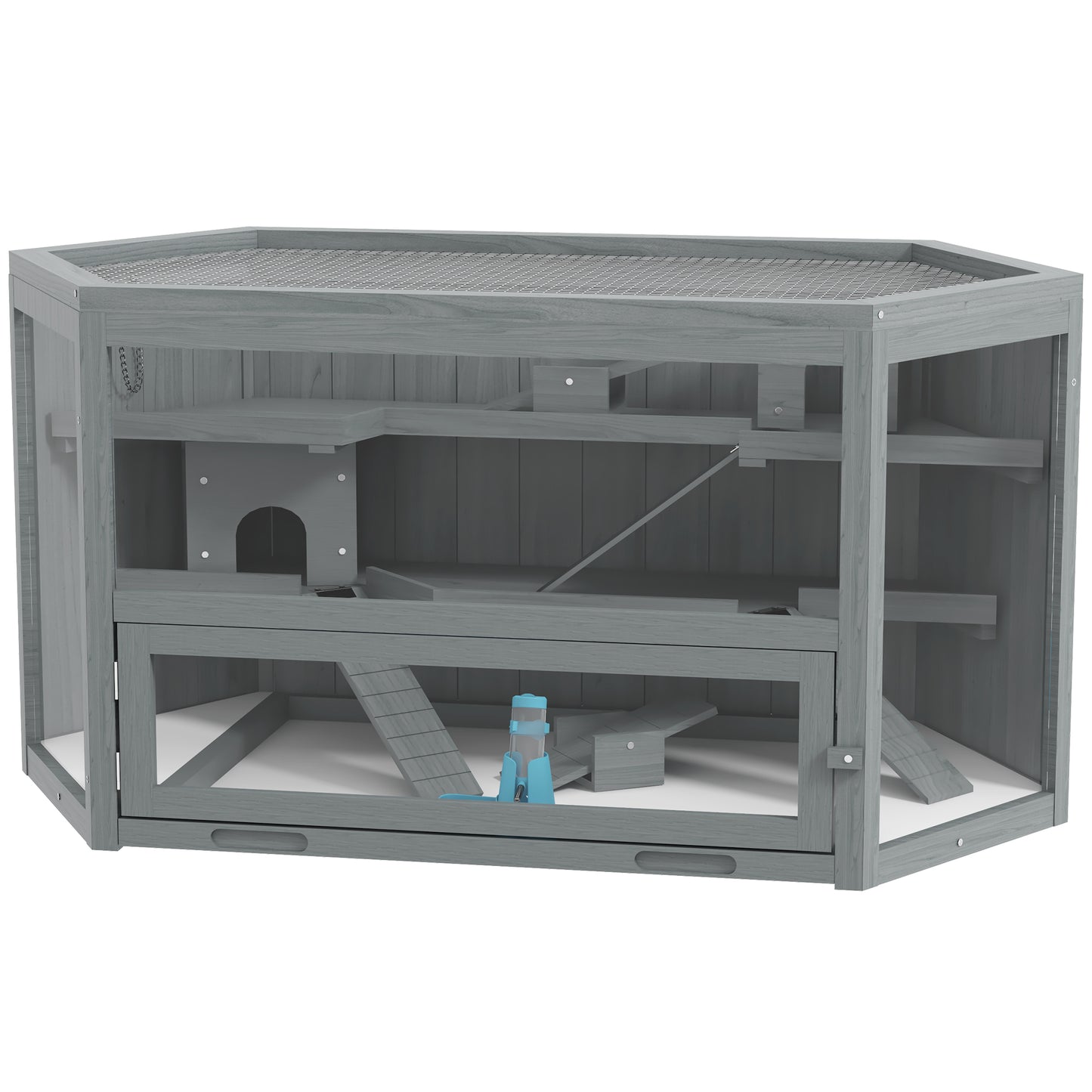Gray wooden hamster cage with multiple levels and ramps