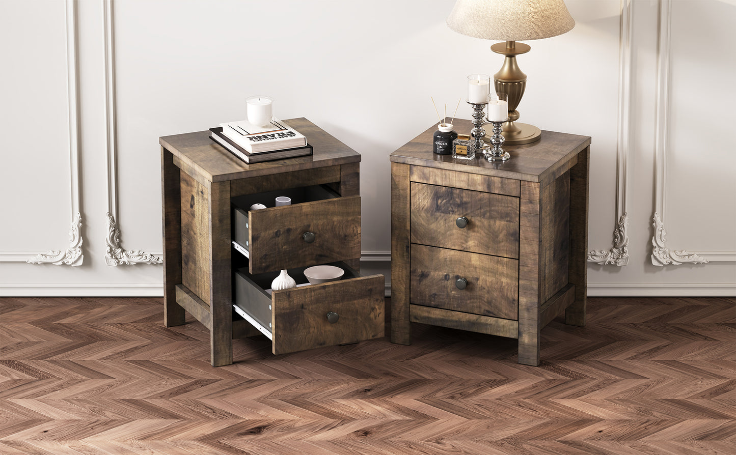 Rustic wooden nightstand with two drawers and decorative wood grain