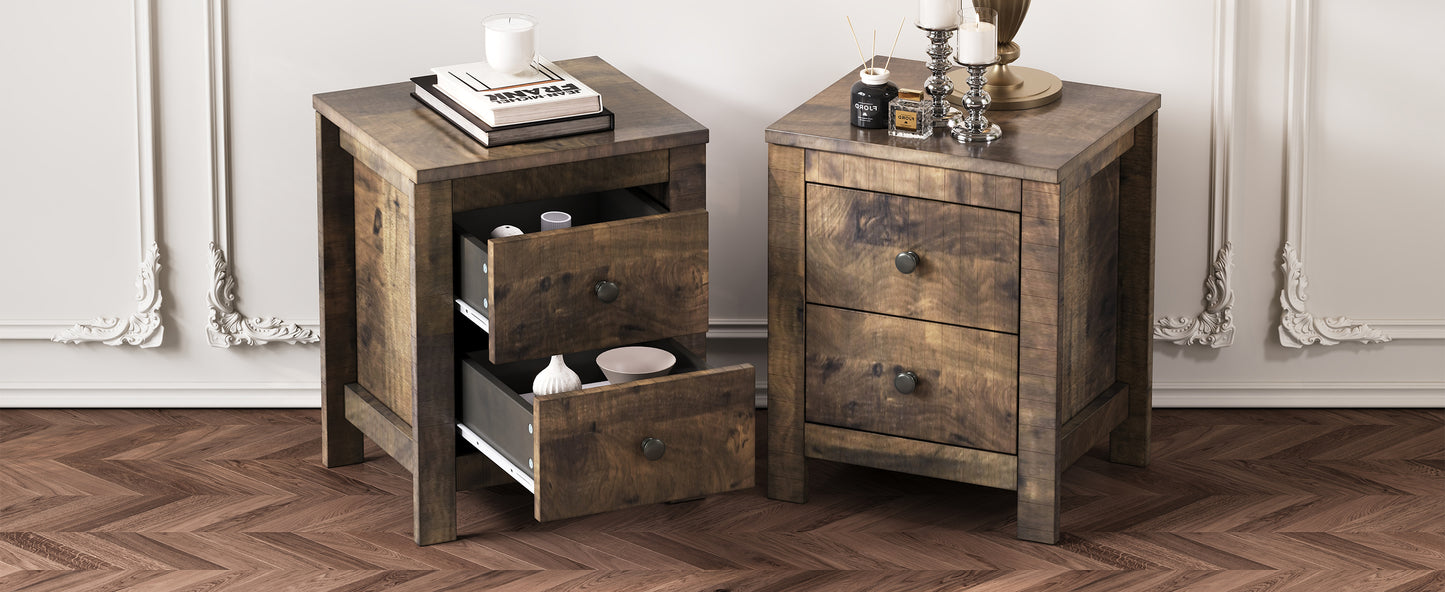 Rustic wooden drawer nightstand with dark wood grain and bronze knob