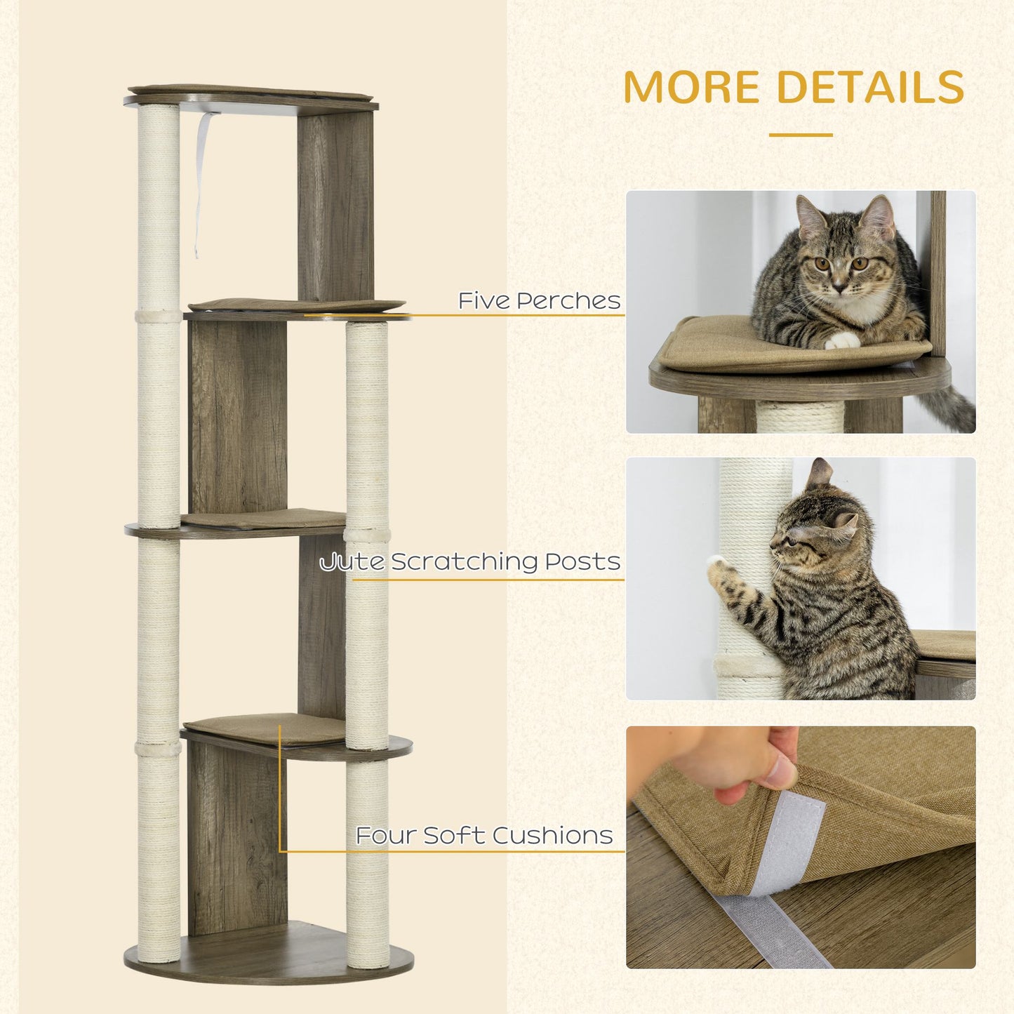 Tall cat tree with multiple levels natural wood finish and sisal scratching posts