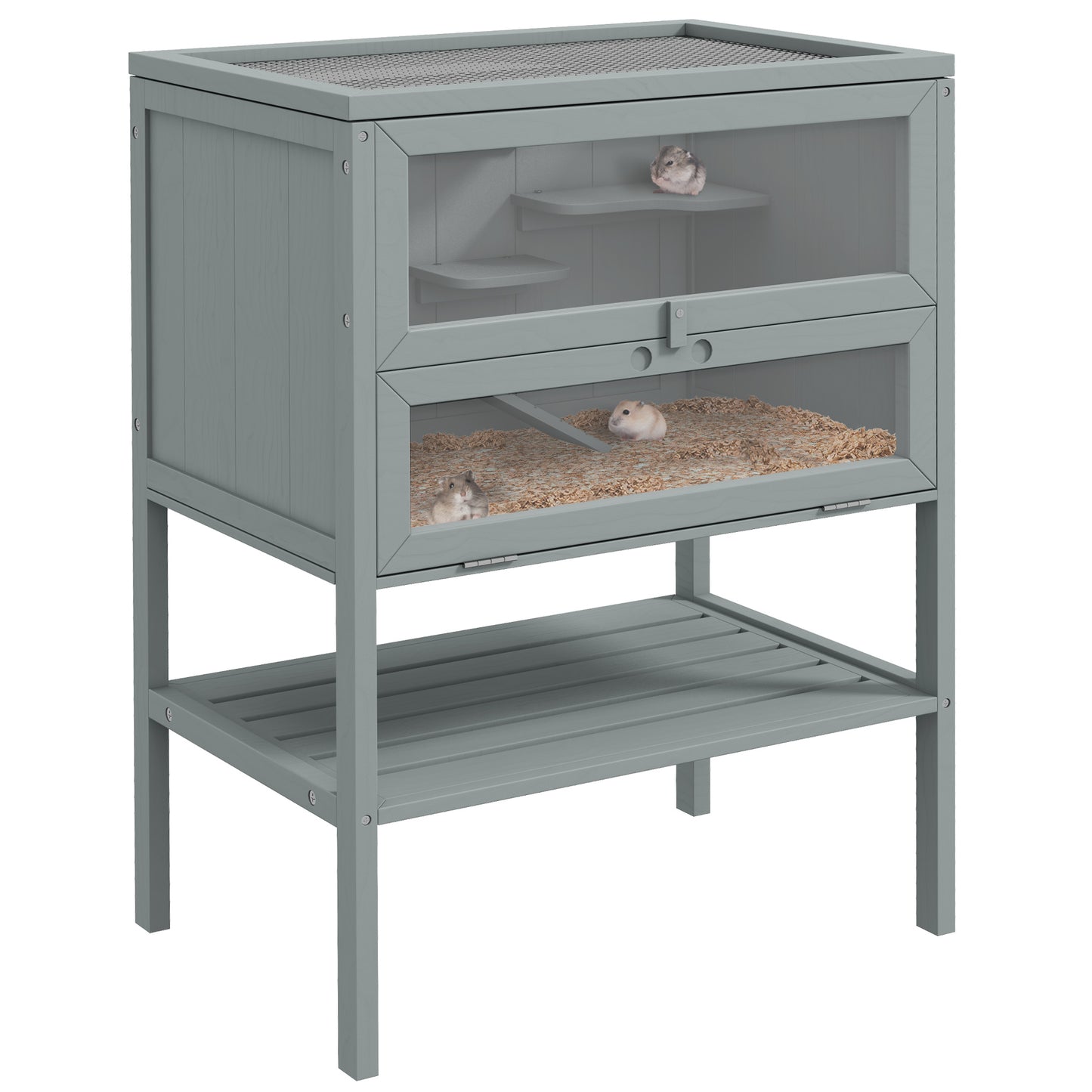 Grey wooden hamster cage with two levels and mesh top