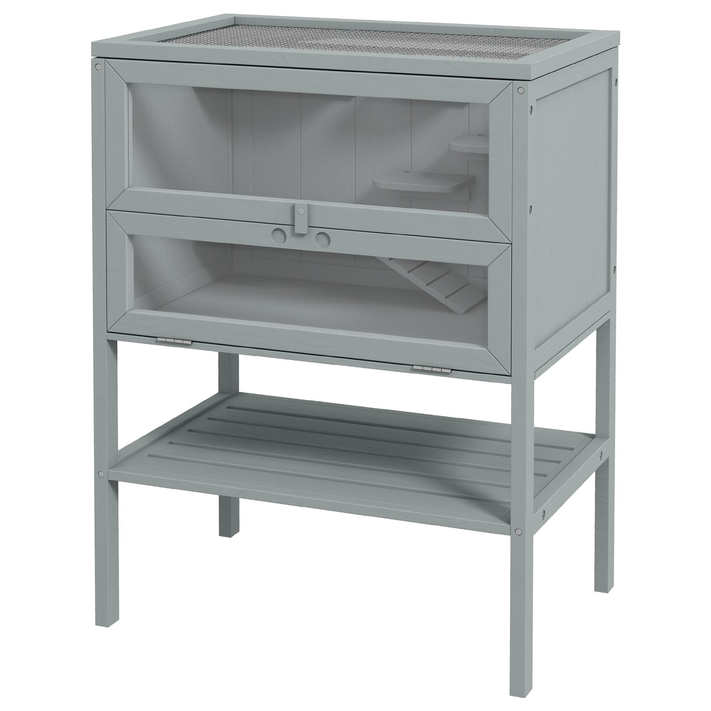 Gray wooden twotier hamster cage with glass doors and builtin shelves