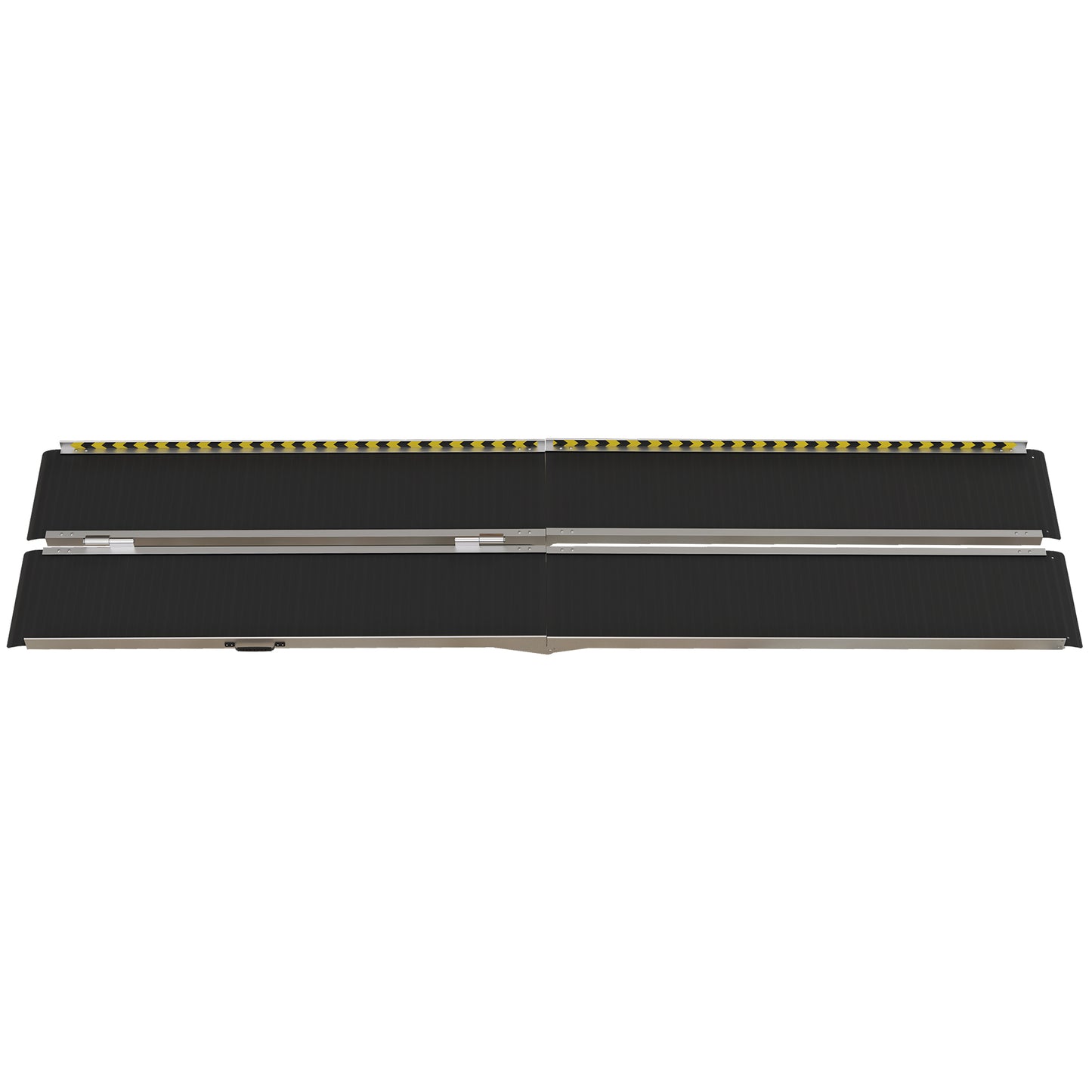 Black portable ramp with aluminum frame and yellow hazard stripes