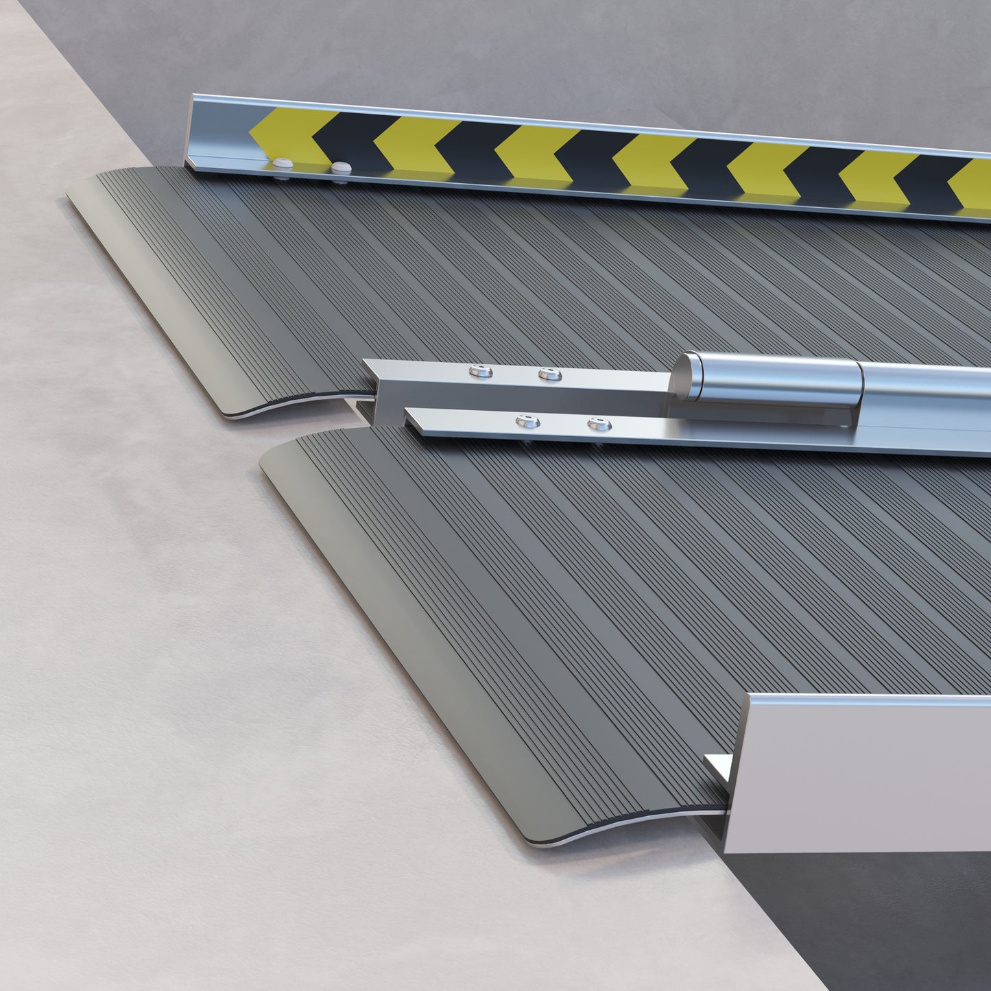 Modular wheelchair ramp section with rubberized surface and silver connectors for accessibility