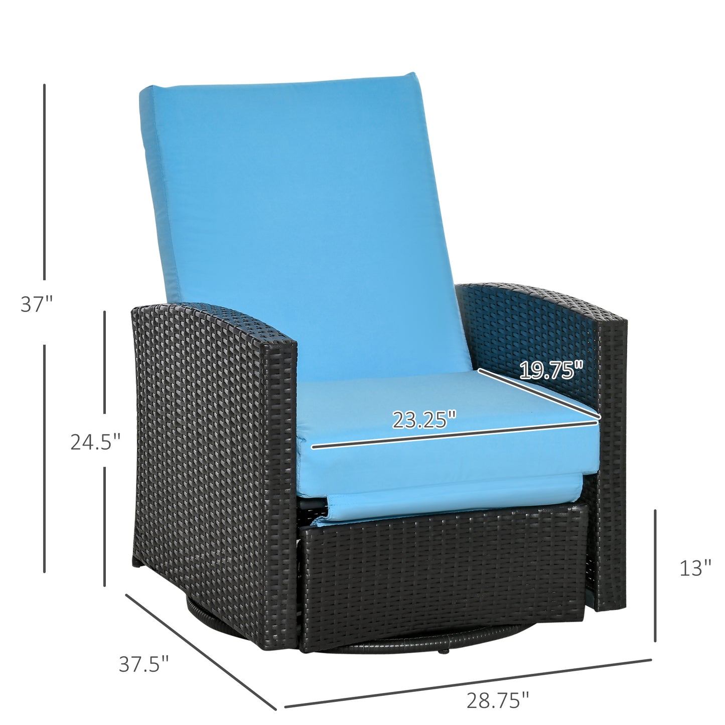 Black wicker swivel recliner chair with bright blue seat and back cushions ideal for outdoor relaxation