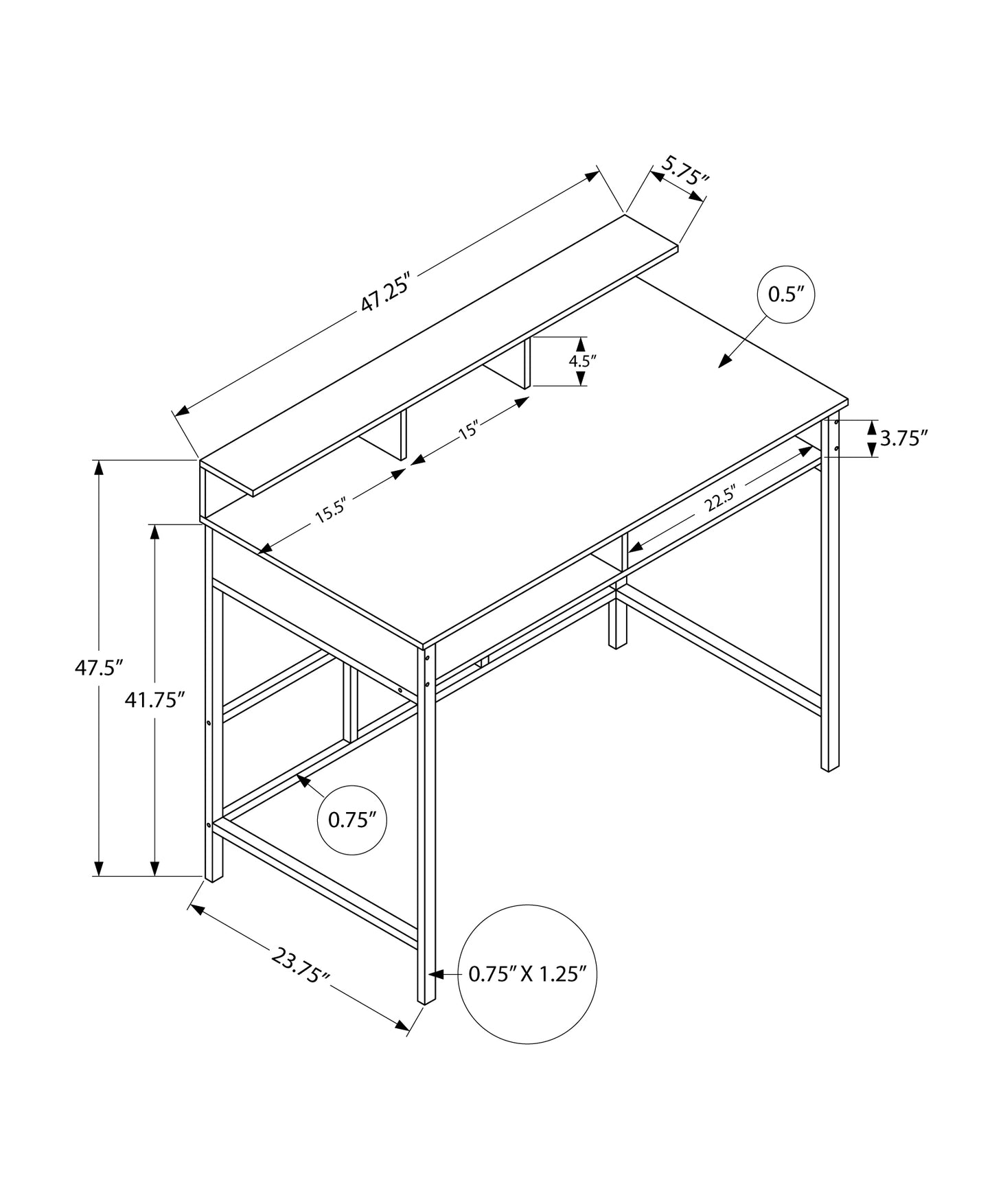 Technical drawing of a minimalist computer desk with tiered shelving W
