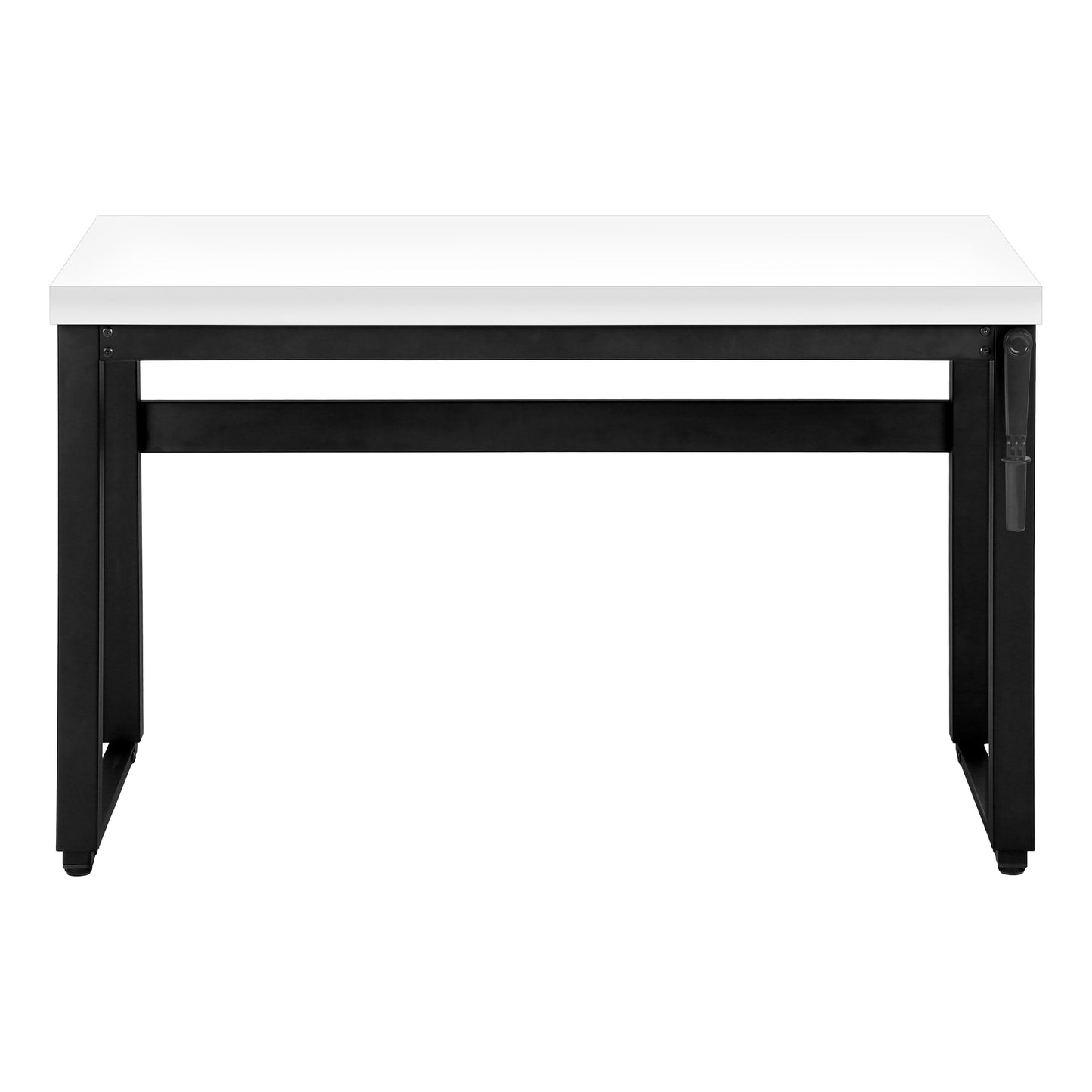 Modern white laminate desk with black metal legs and frame