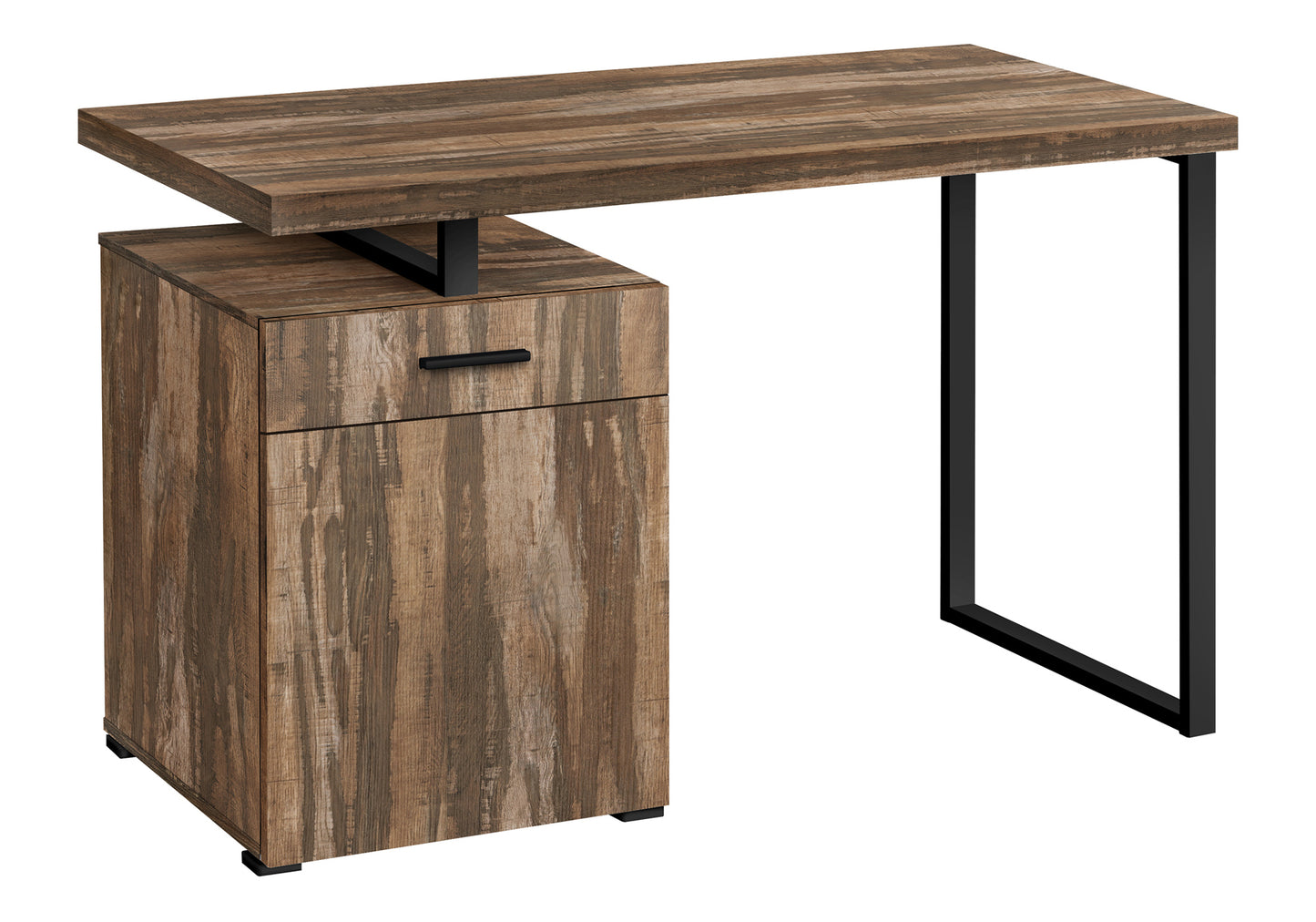 Rustic wood and black metal computer desk with drawer and cabinet