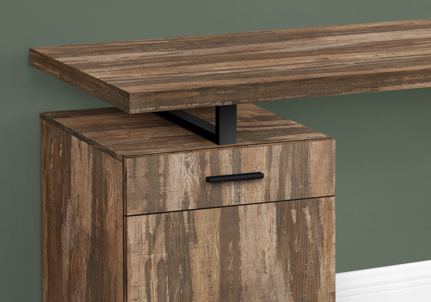 Modern rustic wood desk with black metal leg support and drawer