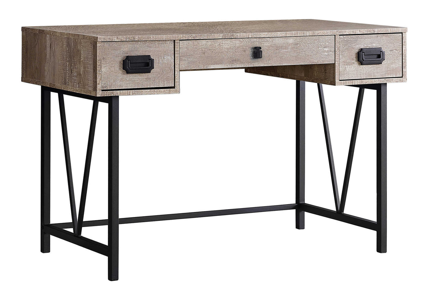 Distressed wood writing desk with three drawers and black metal legs