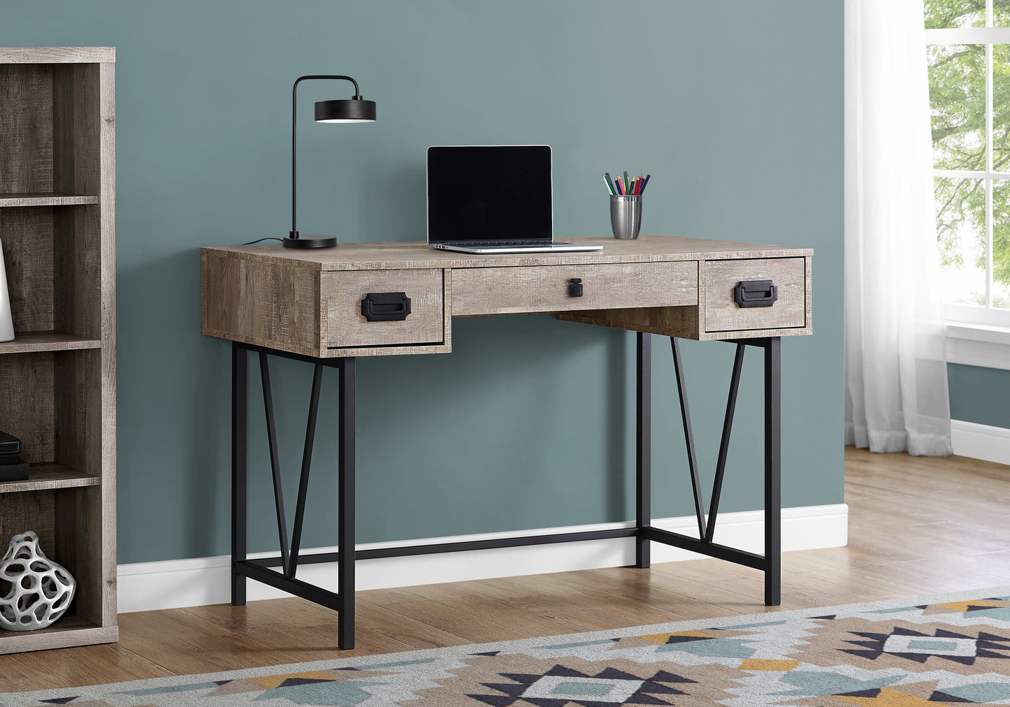 Rustic wood writing desk with black metal legs and three drawers