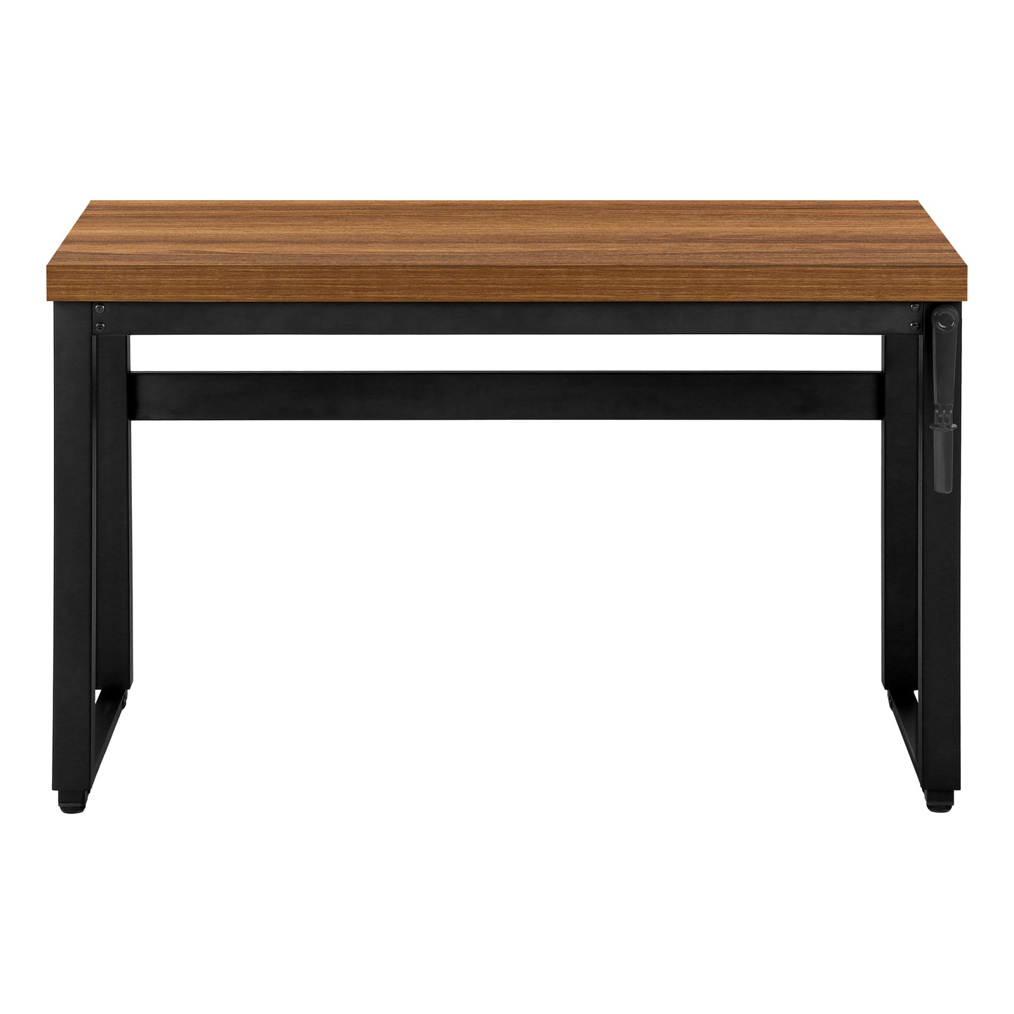Compact walnut laminate writing desk with black metal legs ideal for small spaces